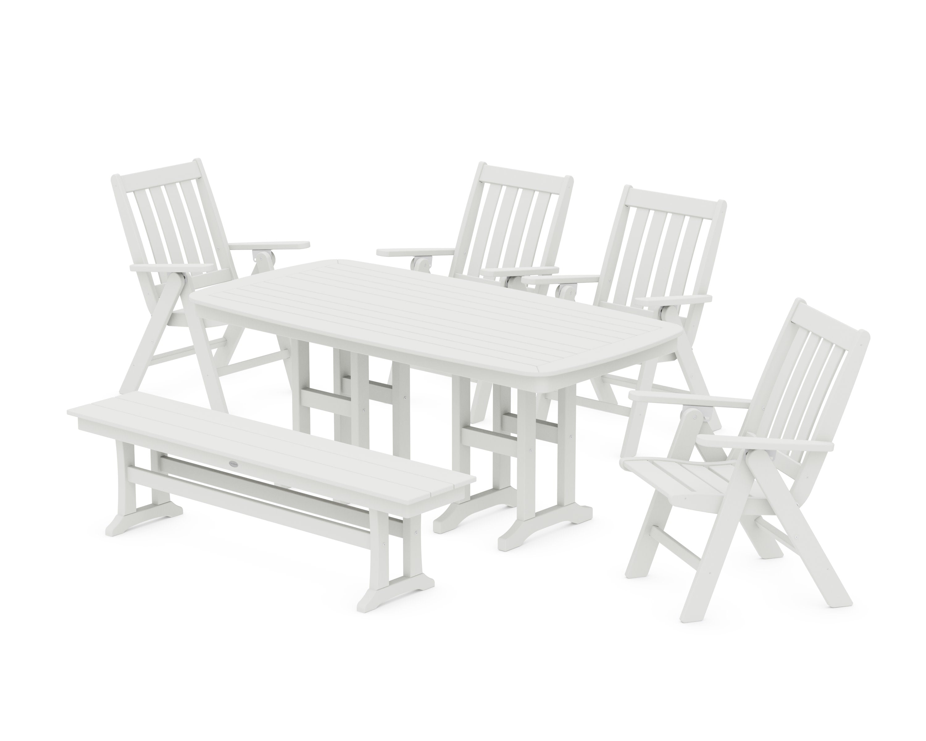 Vineyard Folding Chair 6-Piece Dining Set with Bench in Vintage White
