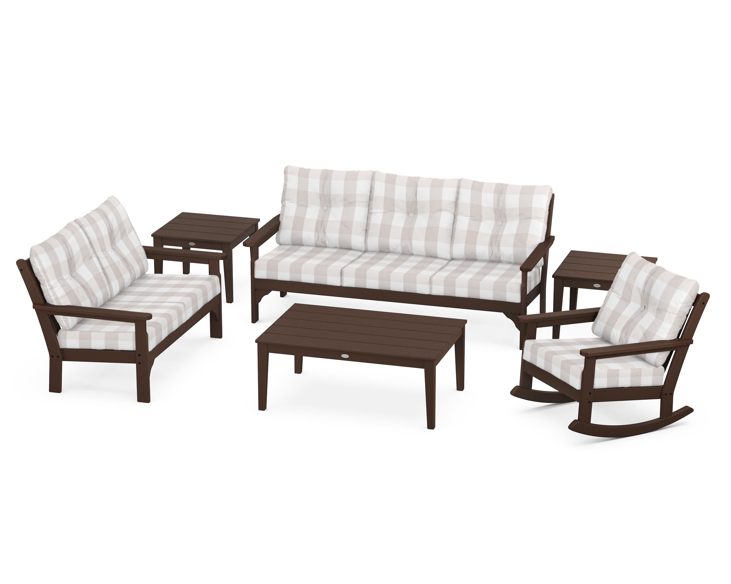Vineyard 6-Piece Deep Seating Set in Mahogany / Buffalo Plaid Dune Burlap