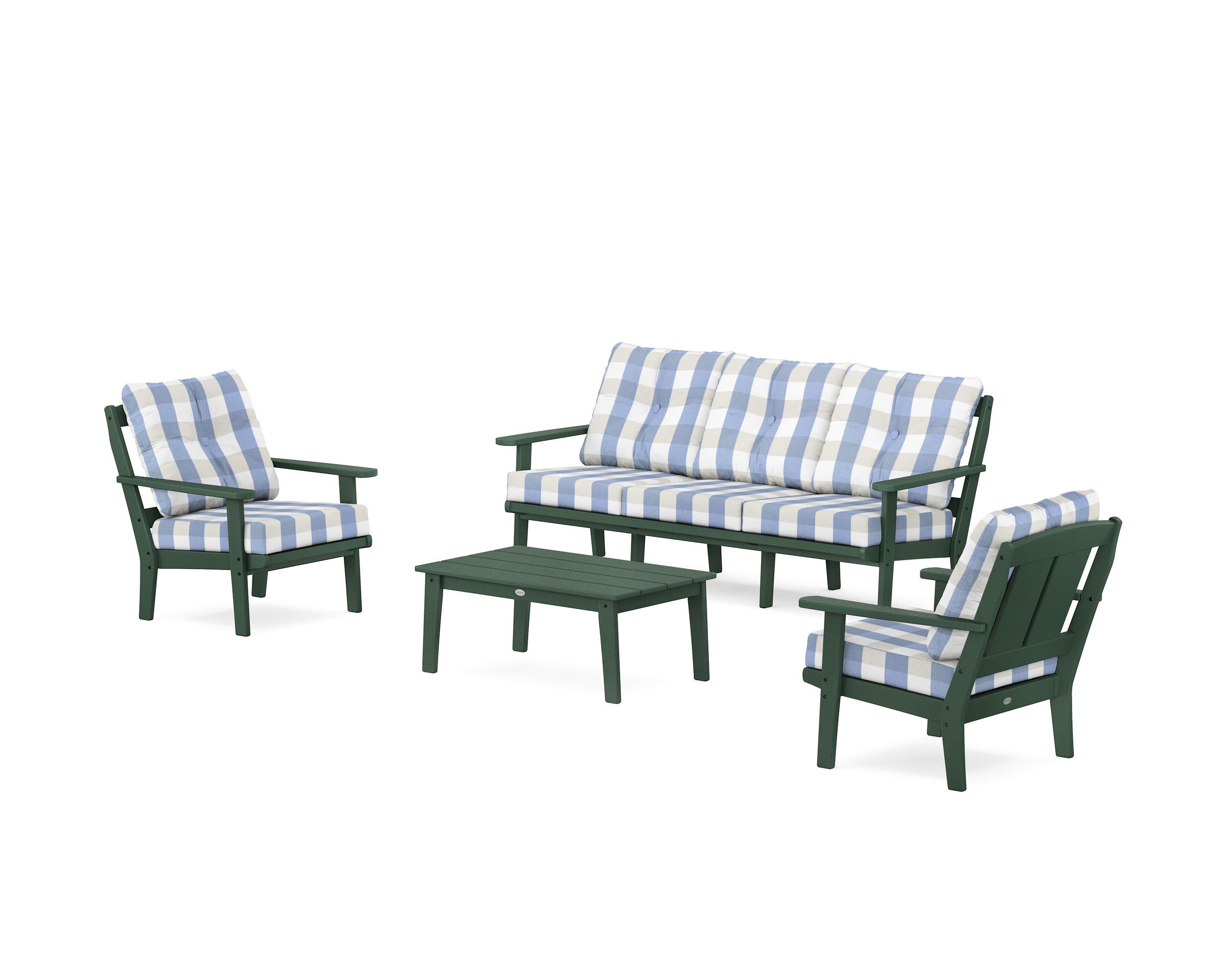 Mission 4-Piece Deep Seating Set with Sofa in Green / Buffalo Plaid Sky Blue
