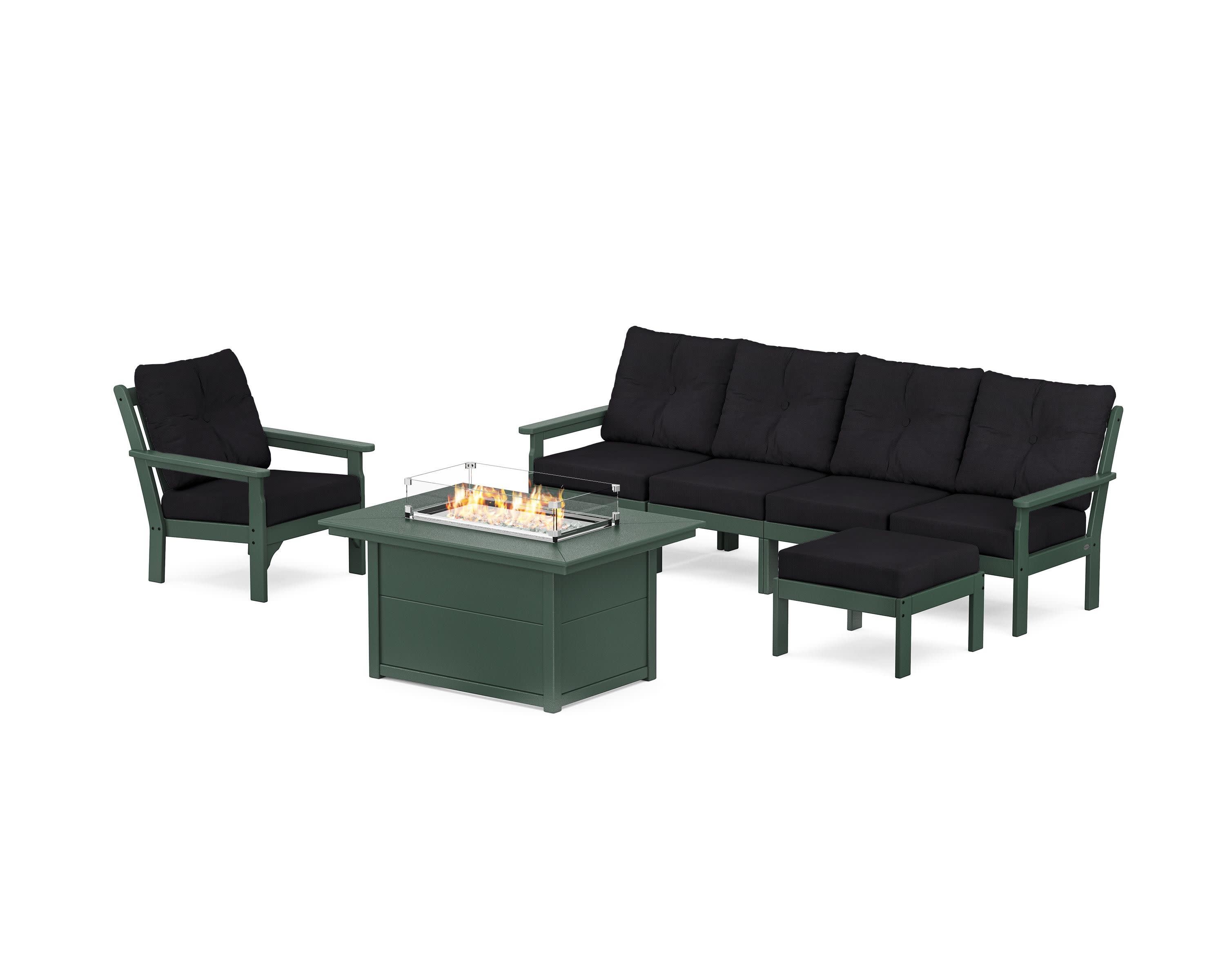 Vineyard Sectional Lounge and Fire Pit Set in Green / Midnight Linen