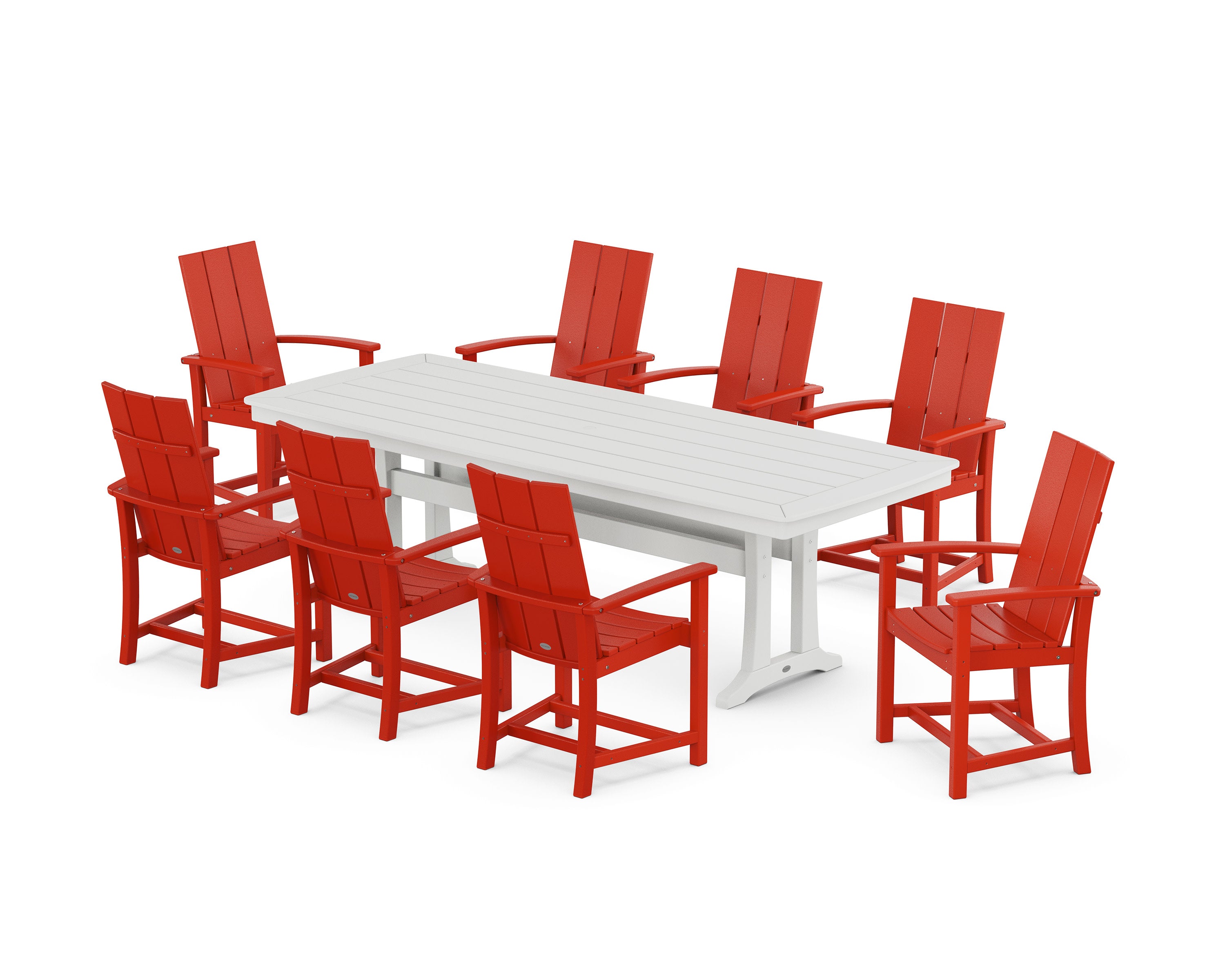 Modern Adirondack 9-Piece Dining Set with Trestle Legs in Sunset Red / White