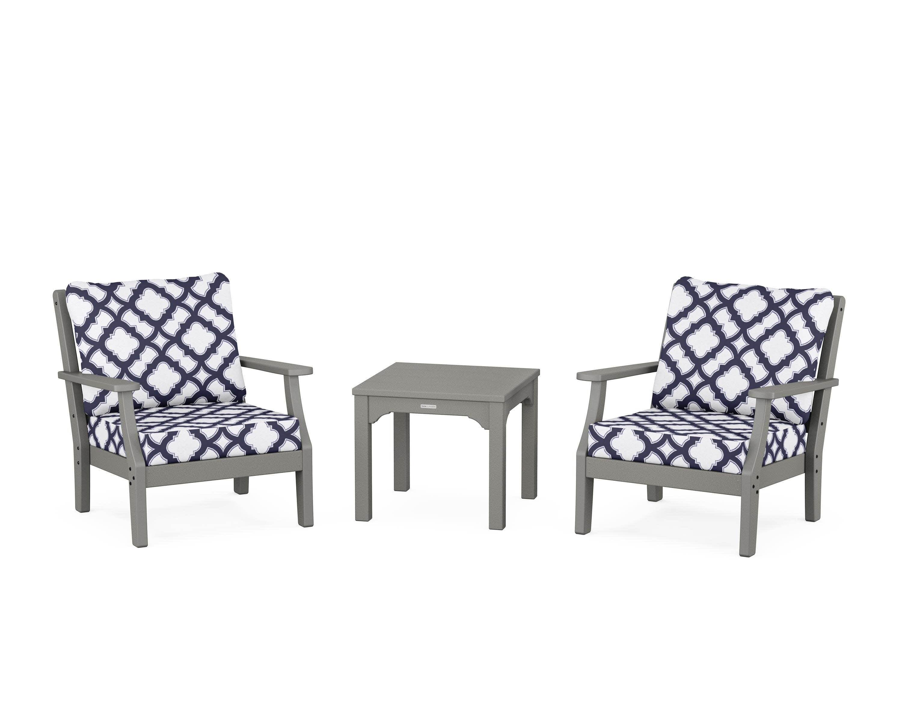 Chinoiserie 3-Piece Deep Seating Set in Slate Grey / Trellis Navy