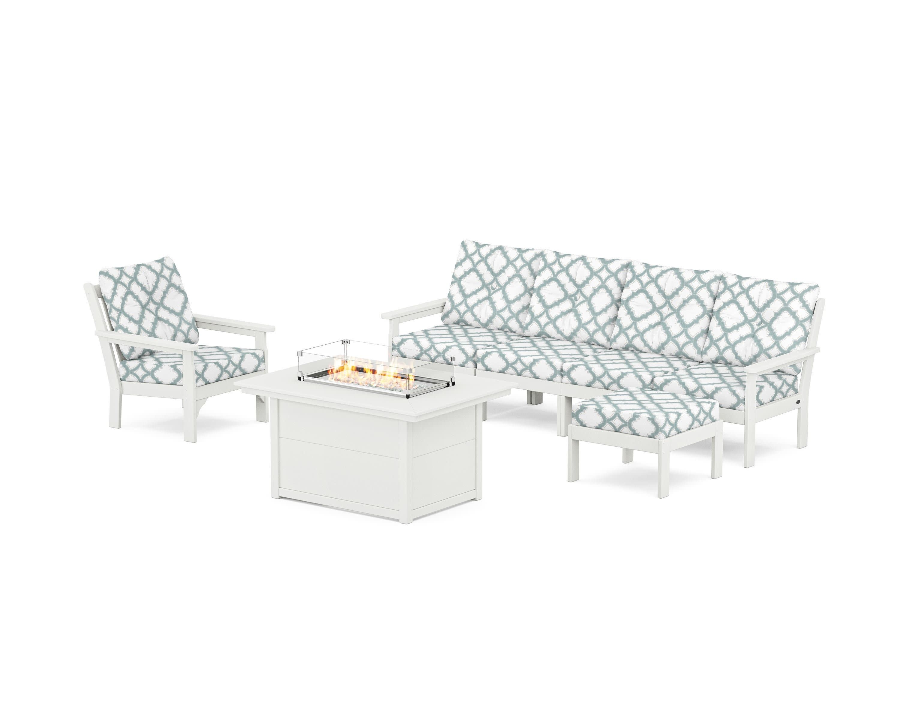 Vineyard Sectional Lounge and Fire Pit Set in Vintage White / Trellis Glacier Spa