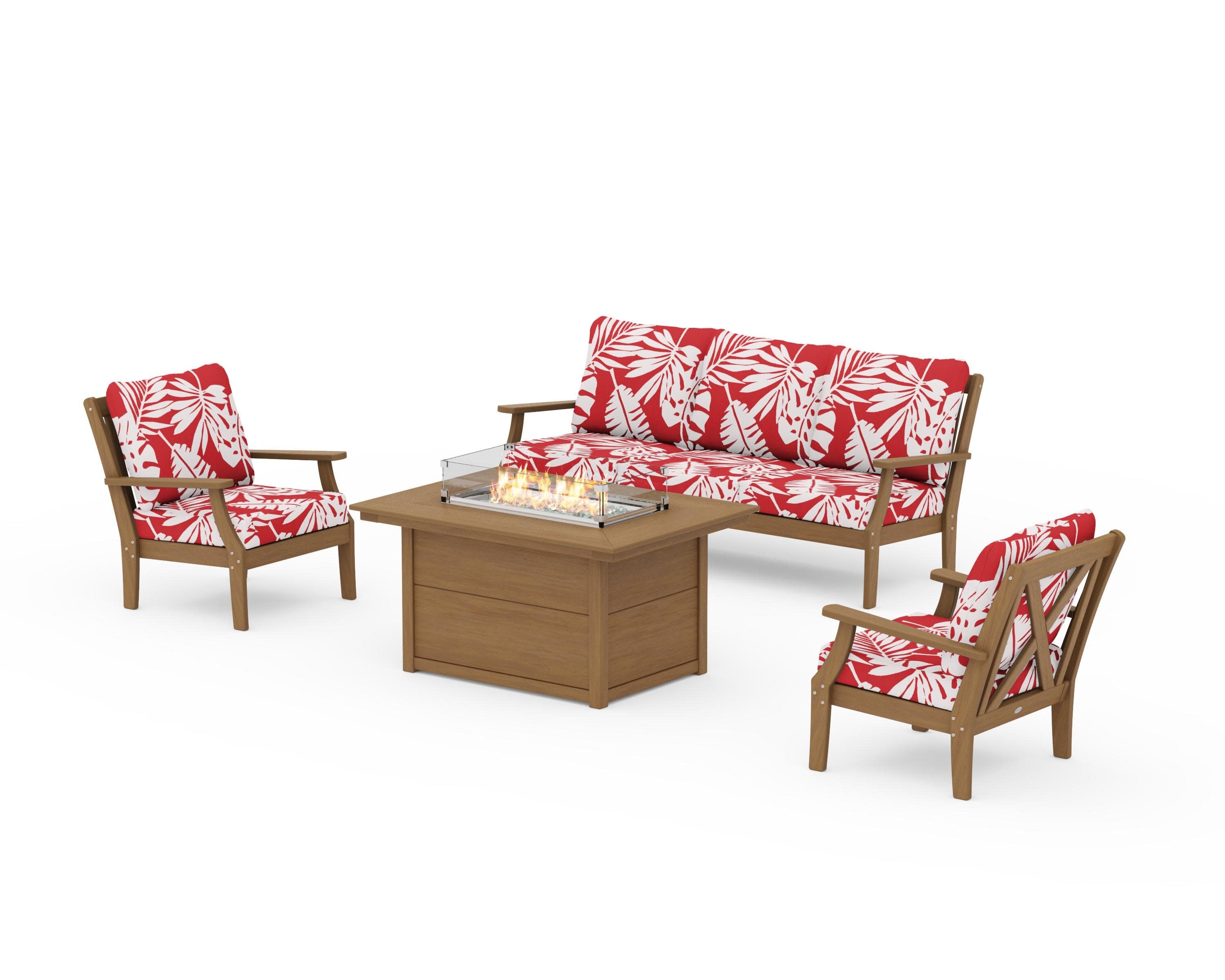 Braxton Deep Seating Fire Pit Table Set in Natural / Leaf Crimson