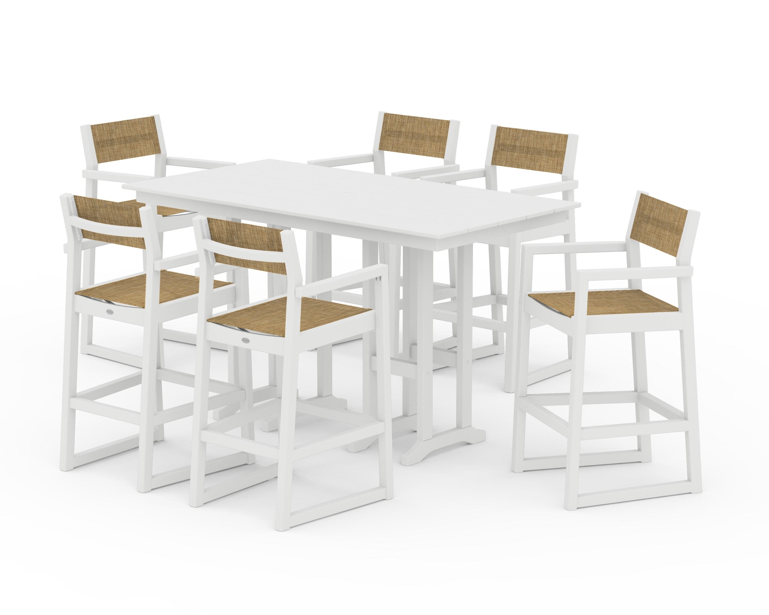 EDGE Sling Arm Chair 7-Piece Farmhouse Bar Set in White / Burlap Sling