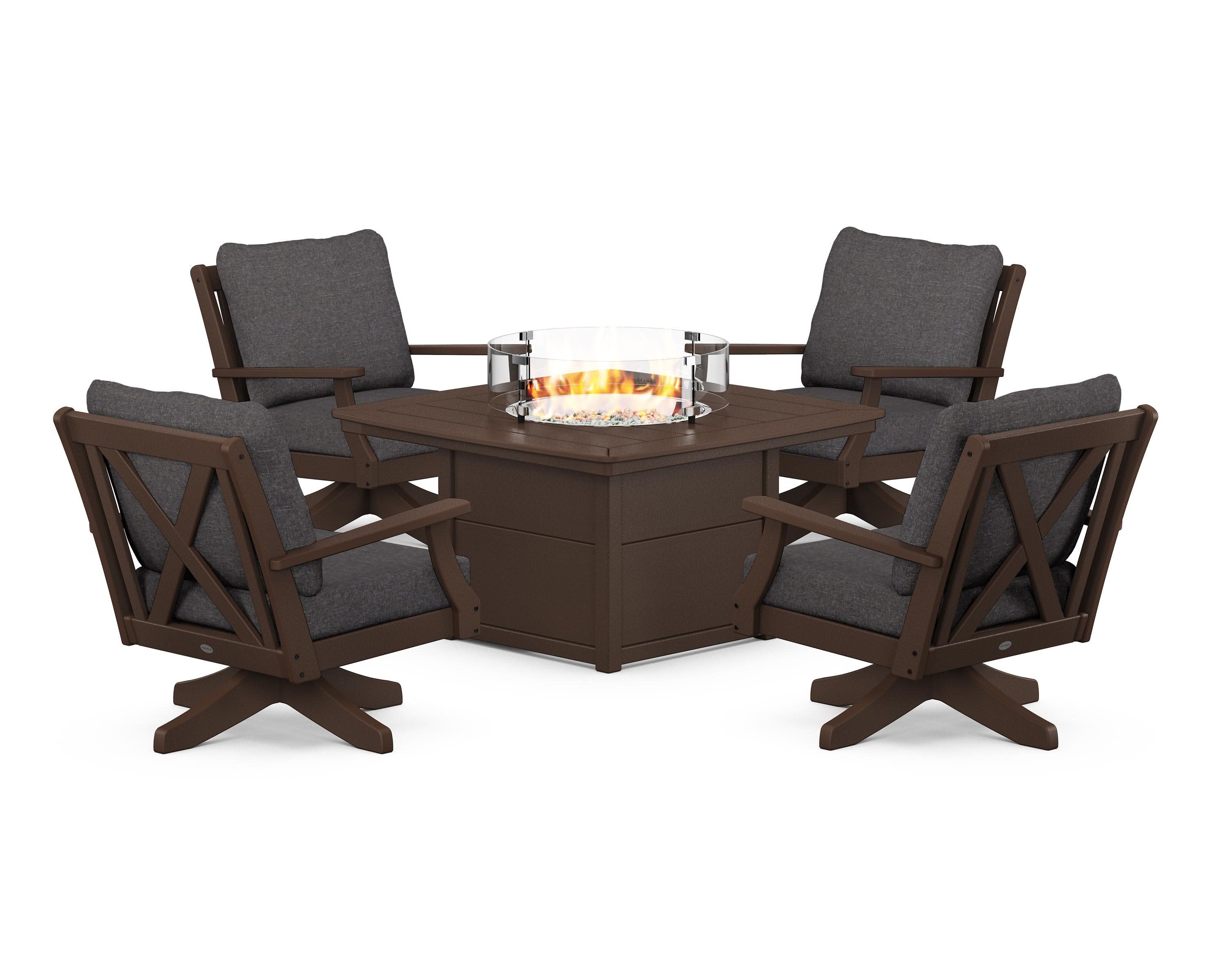 Braxton 5-Piece Deep Seating Swivel Conversation Set with Fire Pit Table in Mahogany / Ash Charcoal