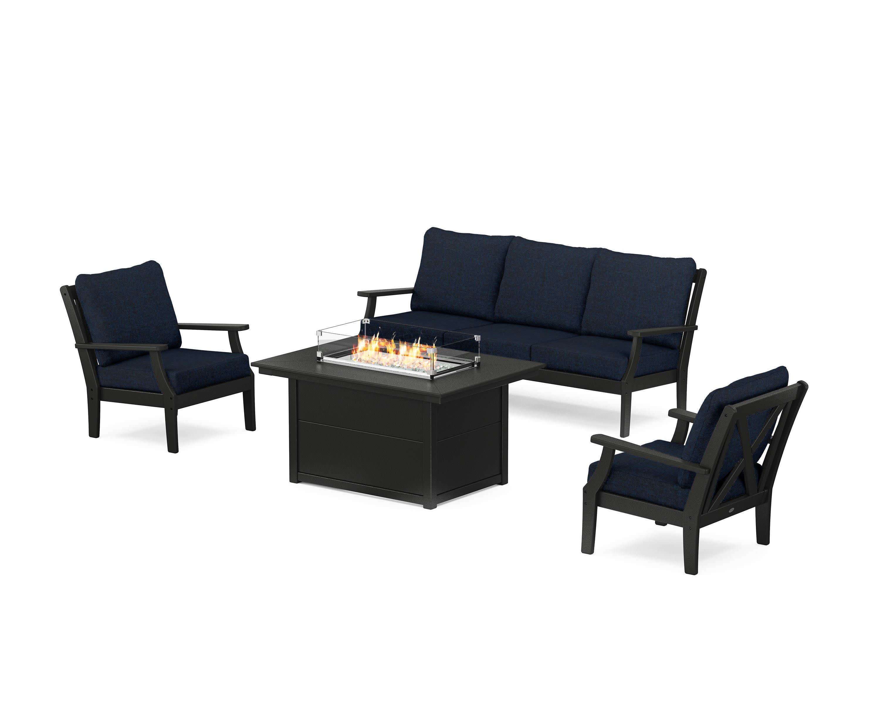 Braxton Deep Seating Fire Pit Table Set in Black / Marine Indigo