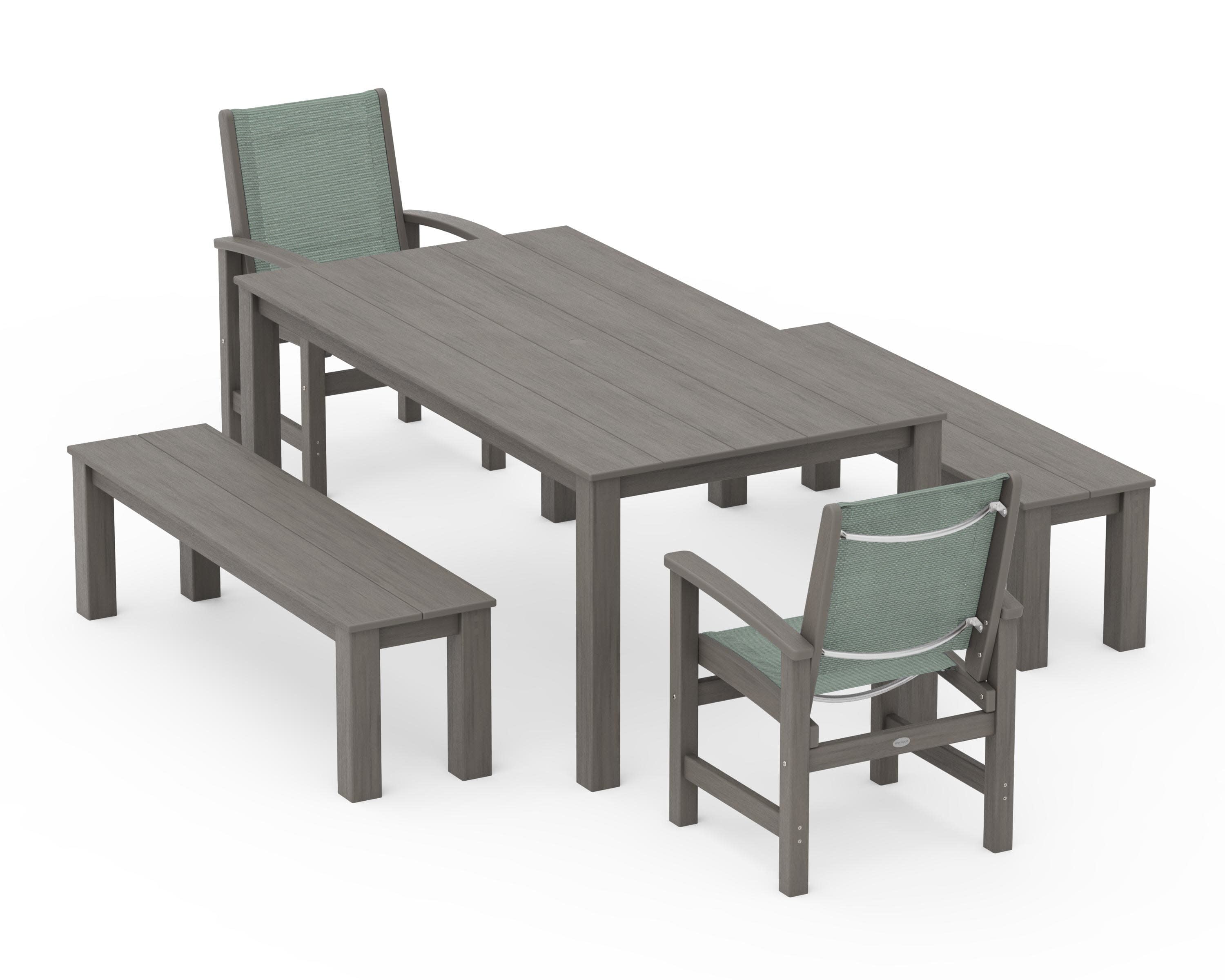 Coastal 5-Piece Parsons Dining Set with Benches in Driftwood / Dupioni Sea Mist Sling