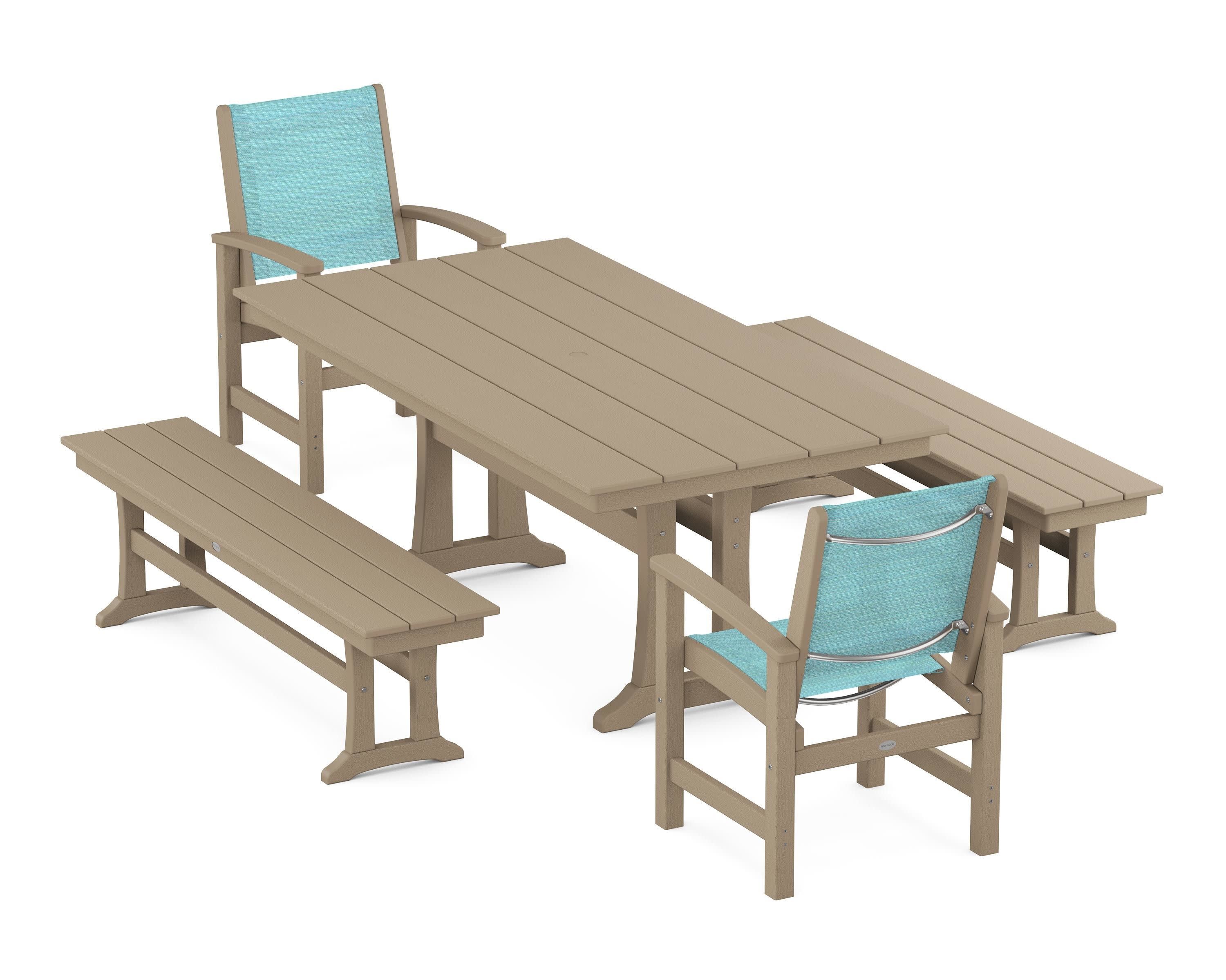 Coastal 5-Piece Farmhouse Dining Set with Trestle Legs and Benches in Vintage Sahara / Dupioni Aquamarine Sling