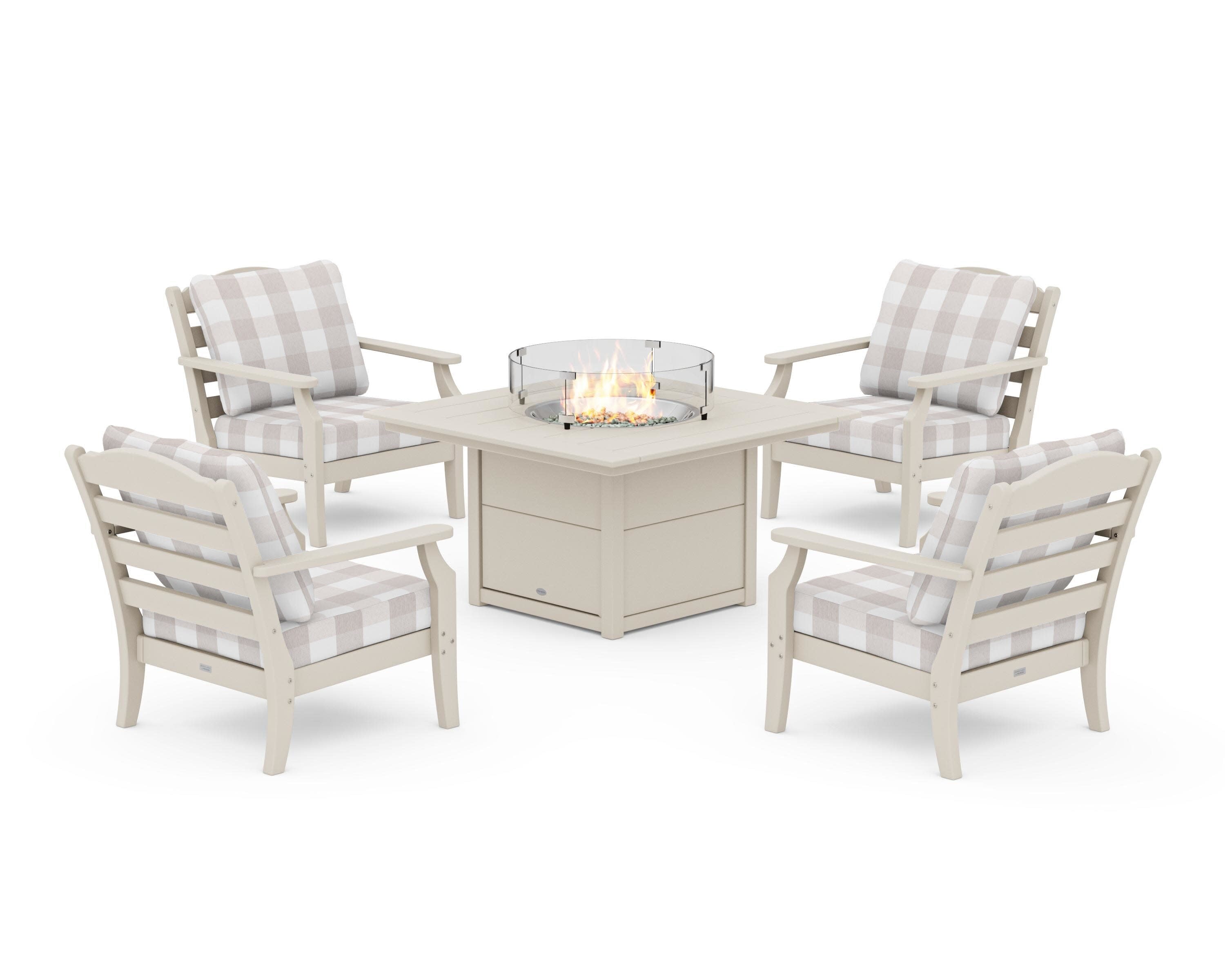 Savannah 5-Piece Deep Seating Set with Fire Pit Table in Sand / Buffalo Plaid Dune Burlap