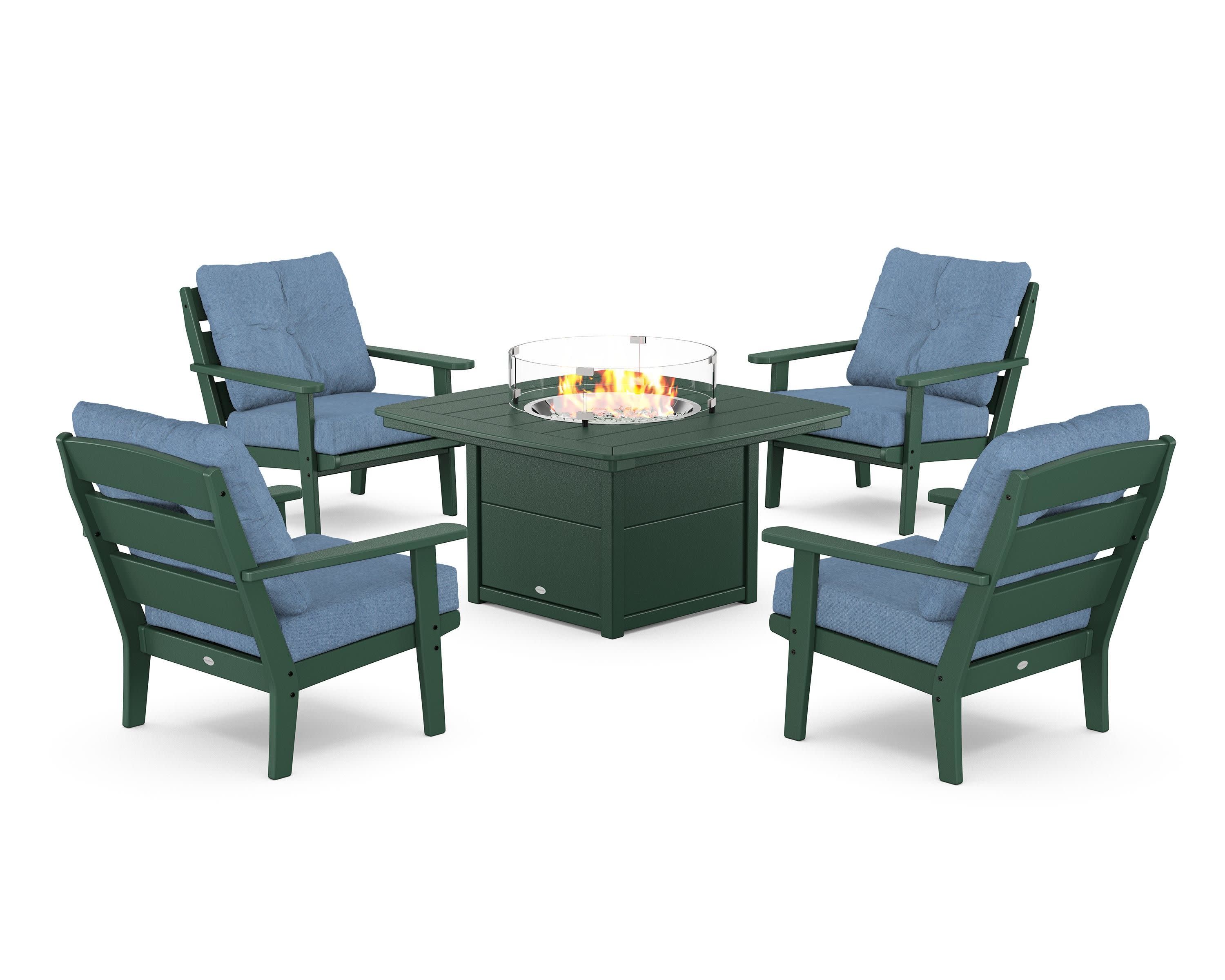 Lakeside 5-Piece Deep Seating Set with Nautical Fire Pit Table in Green / Sky Blue