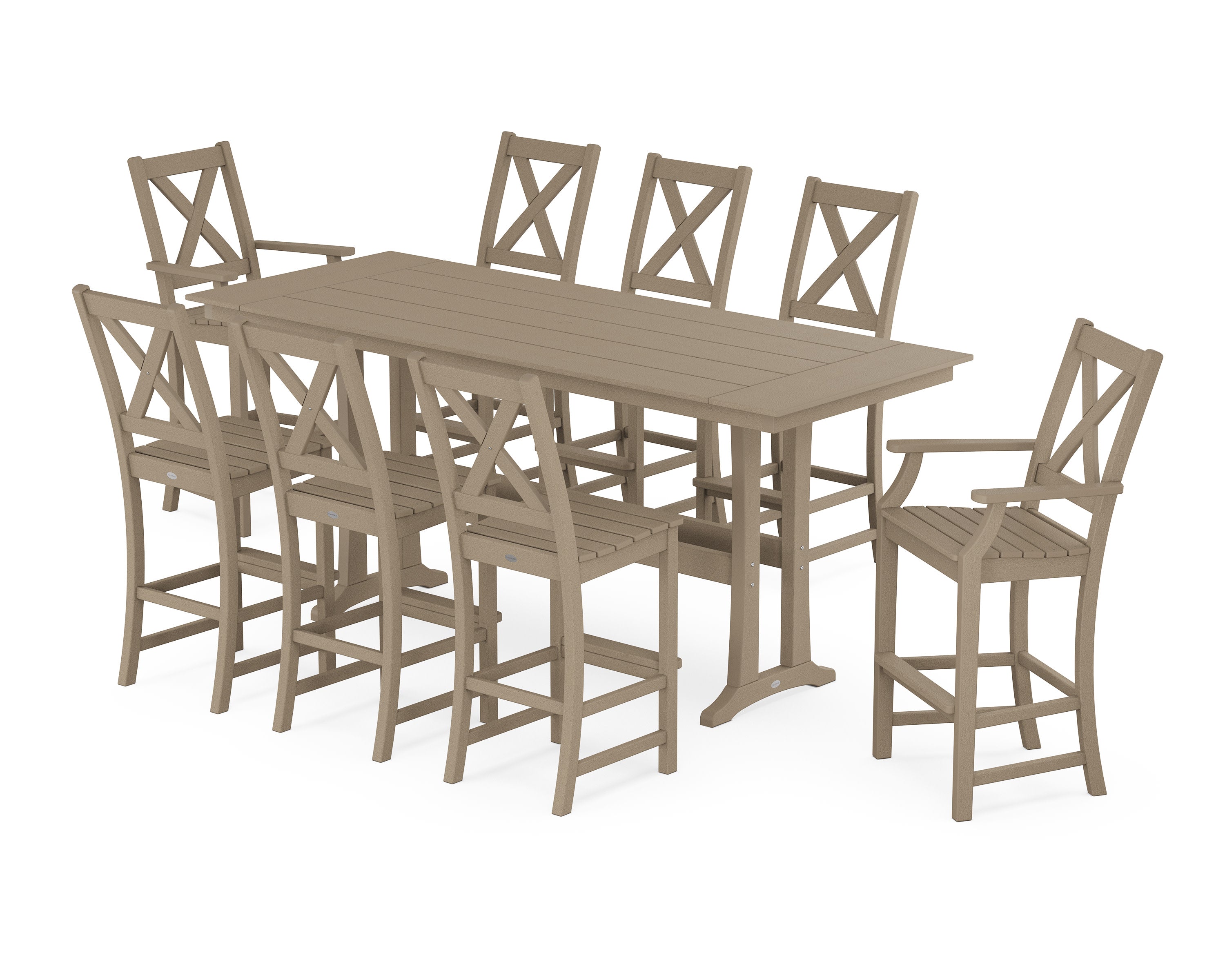 Braxton 9-Piece Farmhouse Bar Set with Trestle Legs in Vintage Sahara