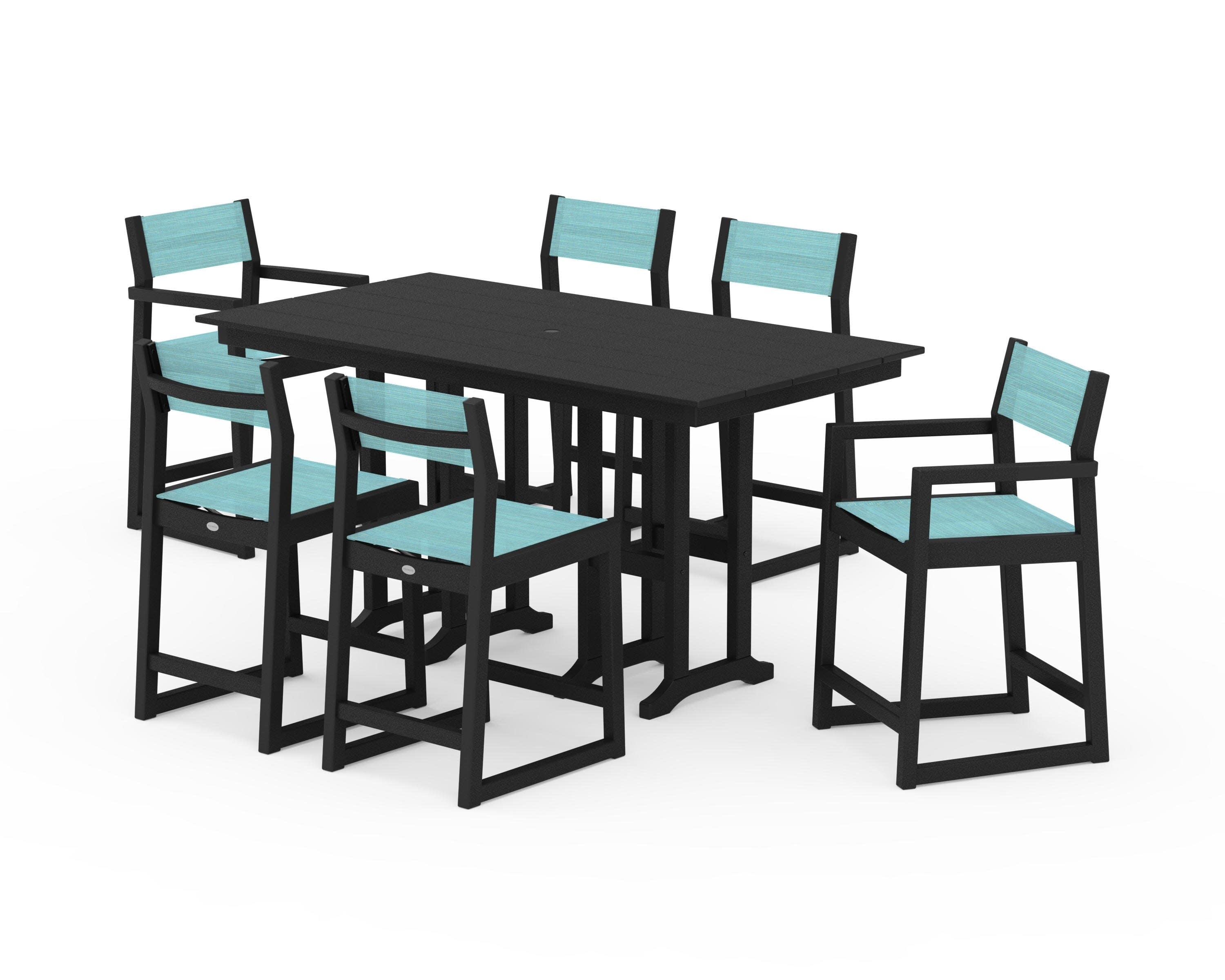 EDGE Sling 7-Piece Farmhouse Counter Set with Trestle Legs in Black / Dupioni Aquamarine Sling