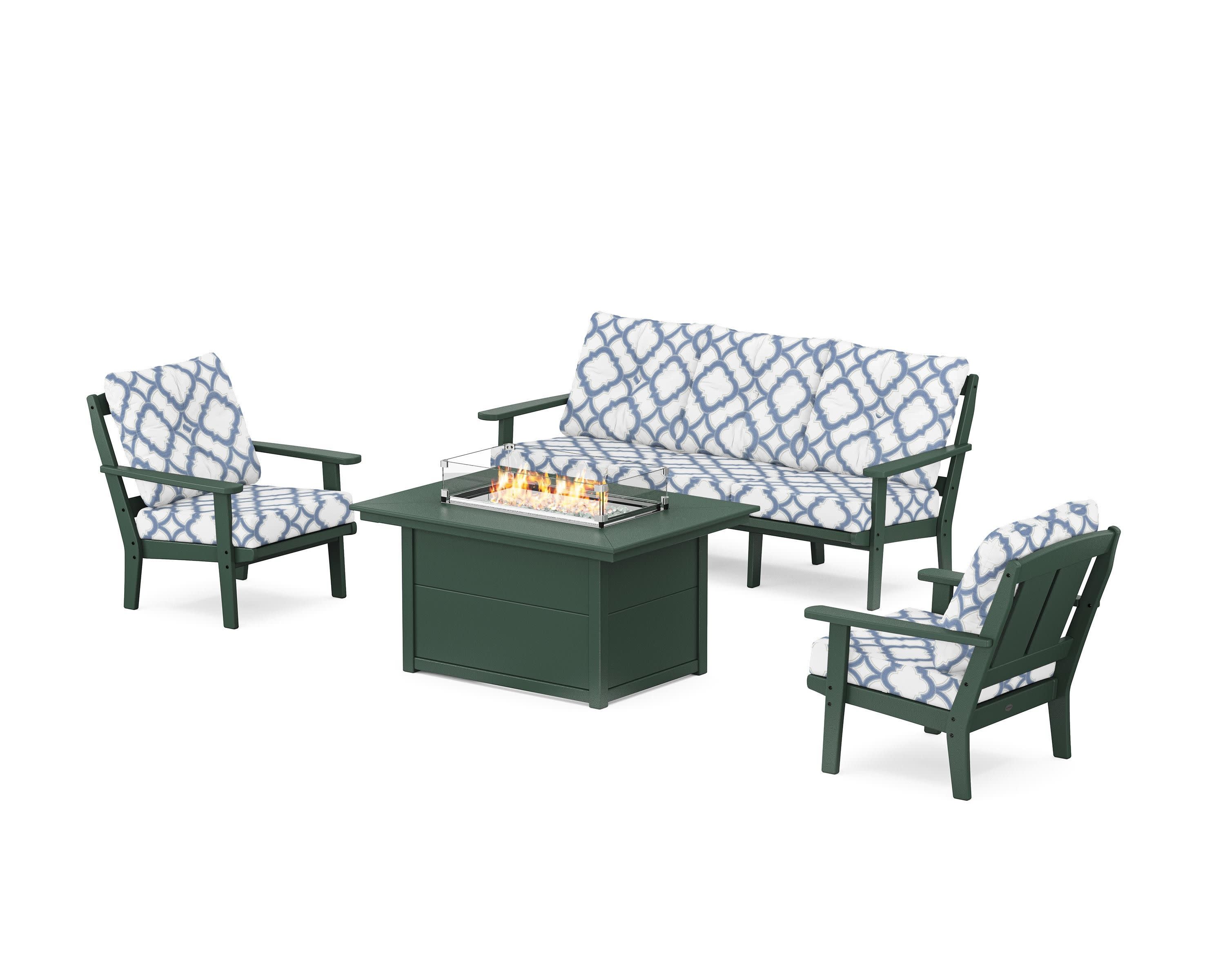 Mission Deep Seating Fire Pit Table Set in Green / Trellis Sky Blue