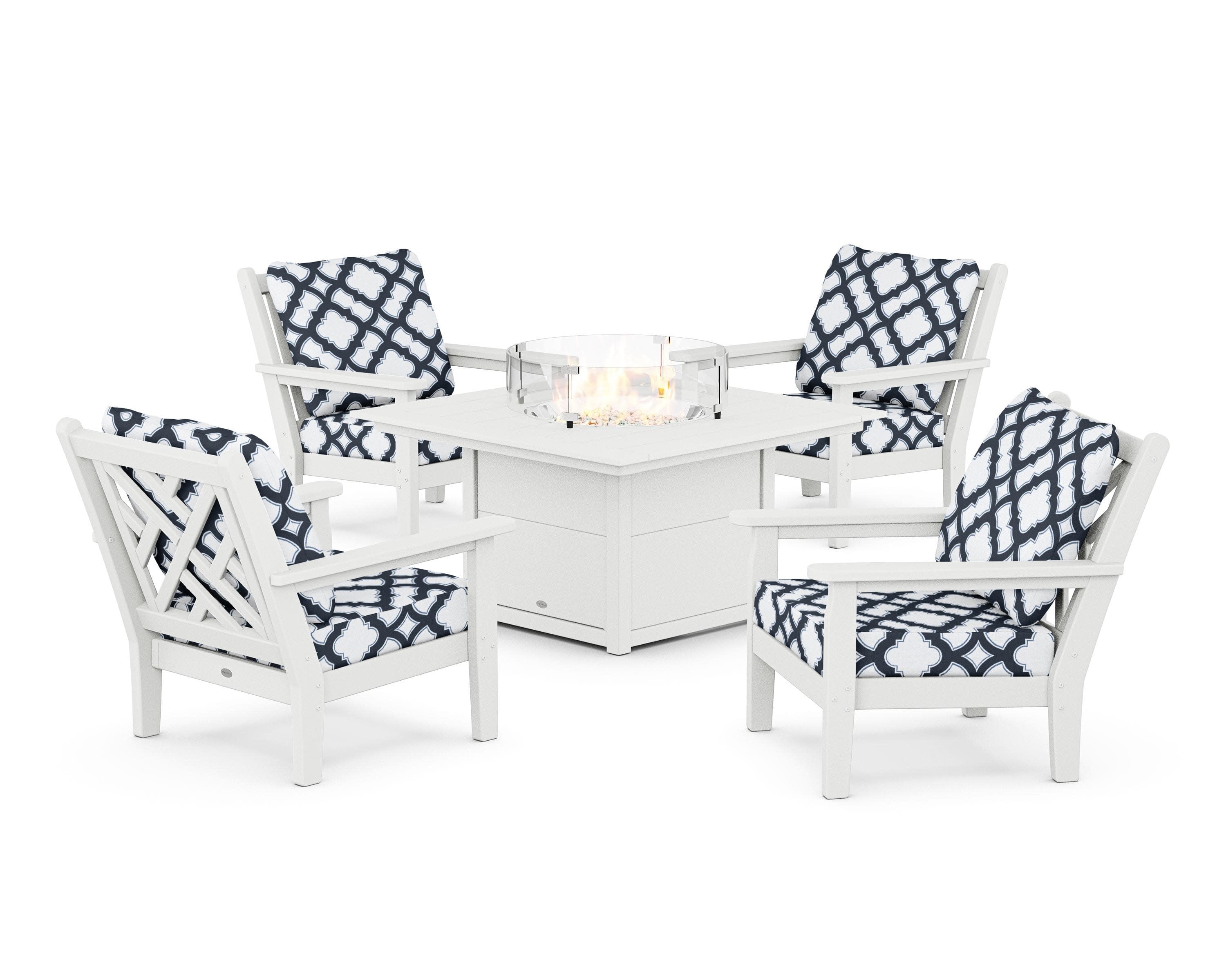 Chippendale 5-Piece Deep Seating Set with Fire Pit Table in White / Trellis Marine Indigo