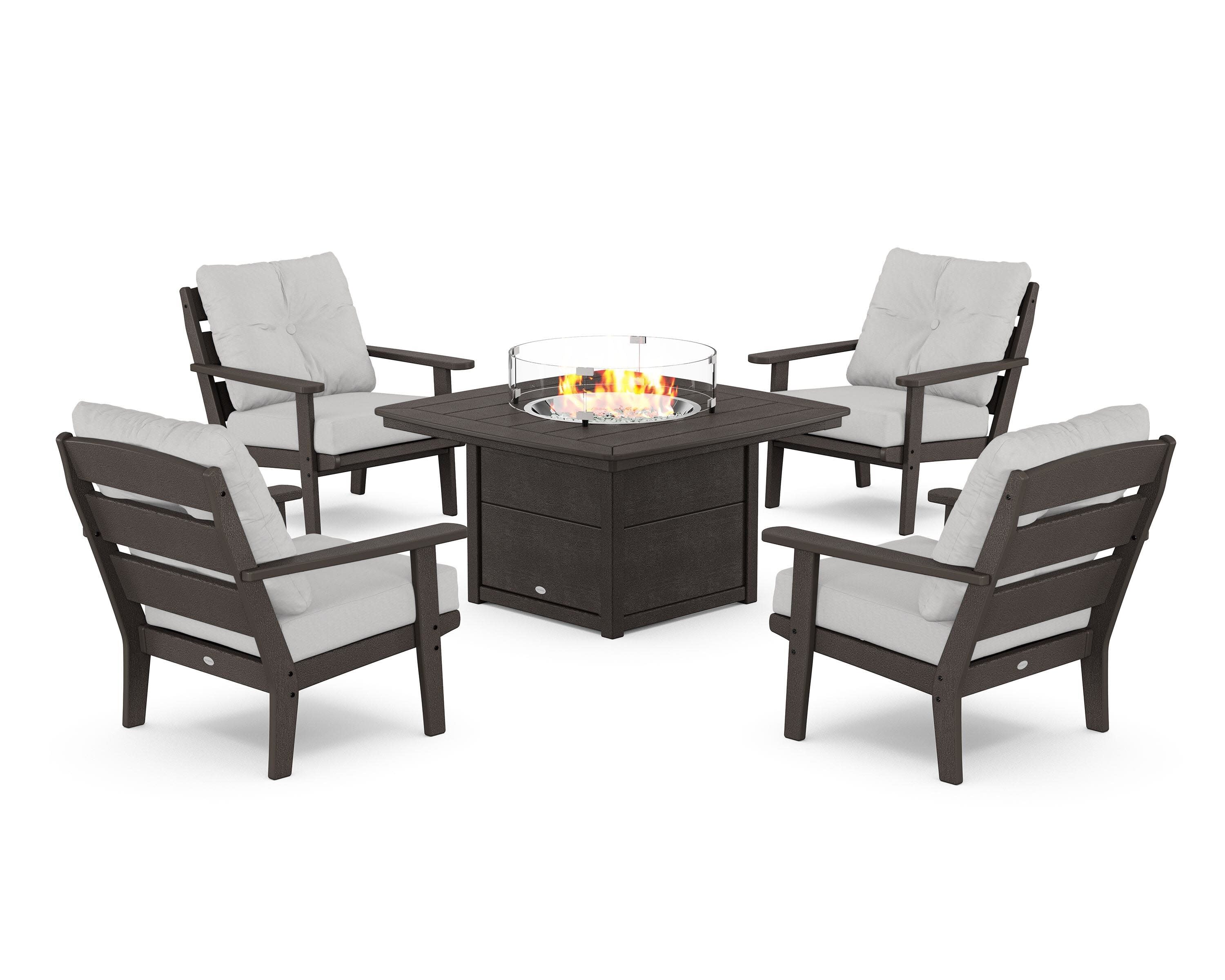 Lakeside 5-Piece Deep Seating Set with Nautical Fire Pit Table in Vintage Coffee / Diamond in the Rough