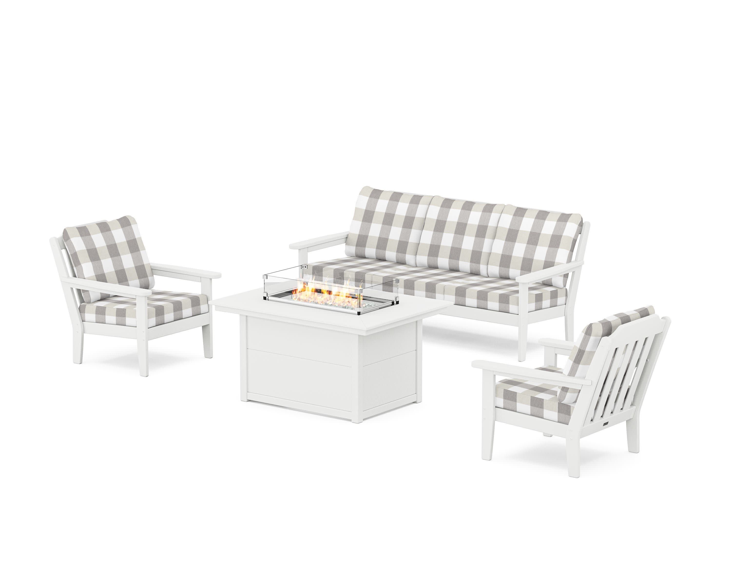 Cottage Deep Seating Fire Pit Table Set in White / Buffalo Plaid Grey Mist