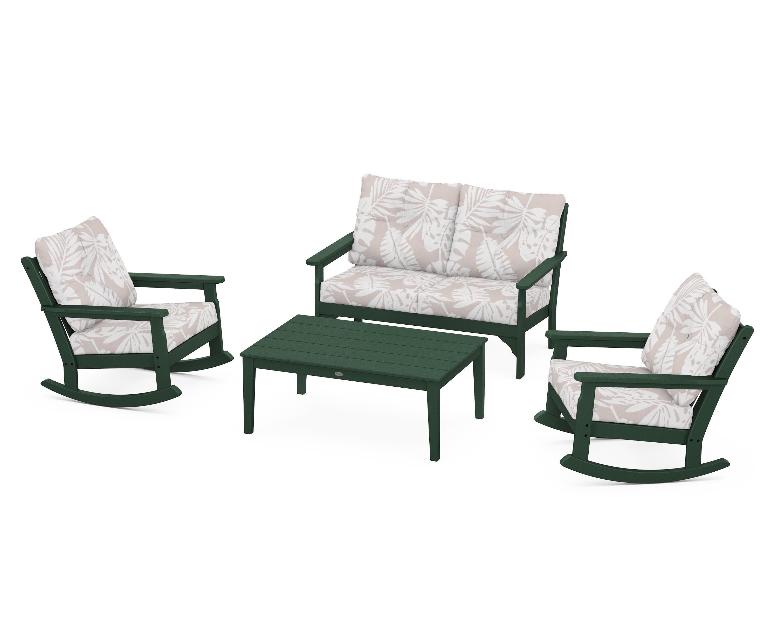 Vineyard 4-Piece Deep Seating Rocking Chair Set in Green / Leaf Dune Burlap