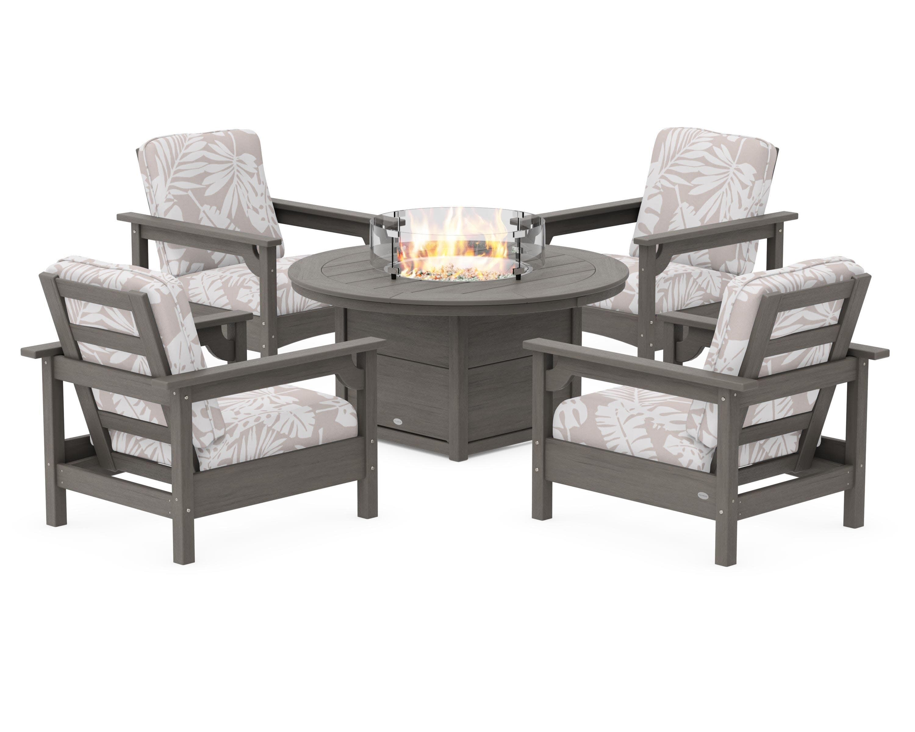 Club 5-Piece Conversation Set with Fire Pit Table in Driftwood / Leaf Dune Burlap