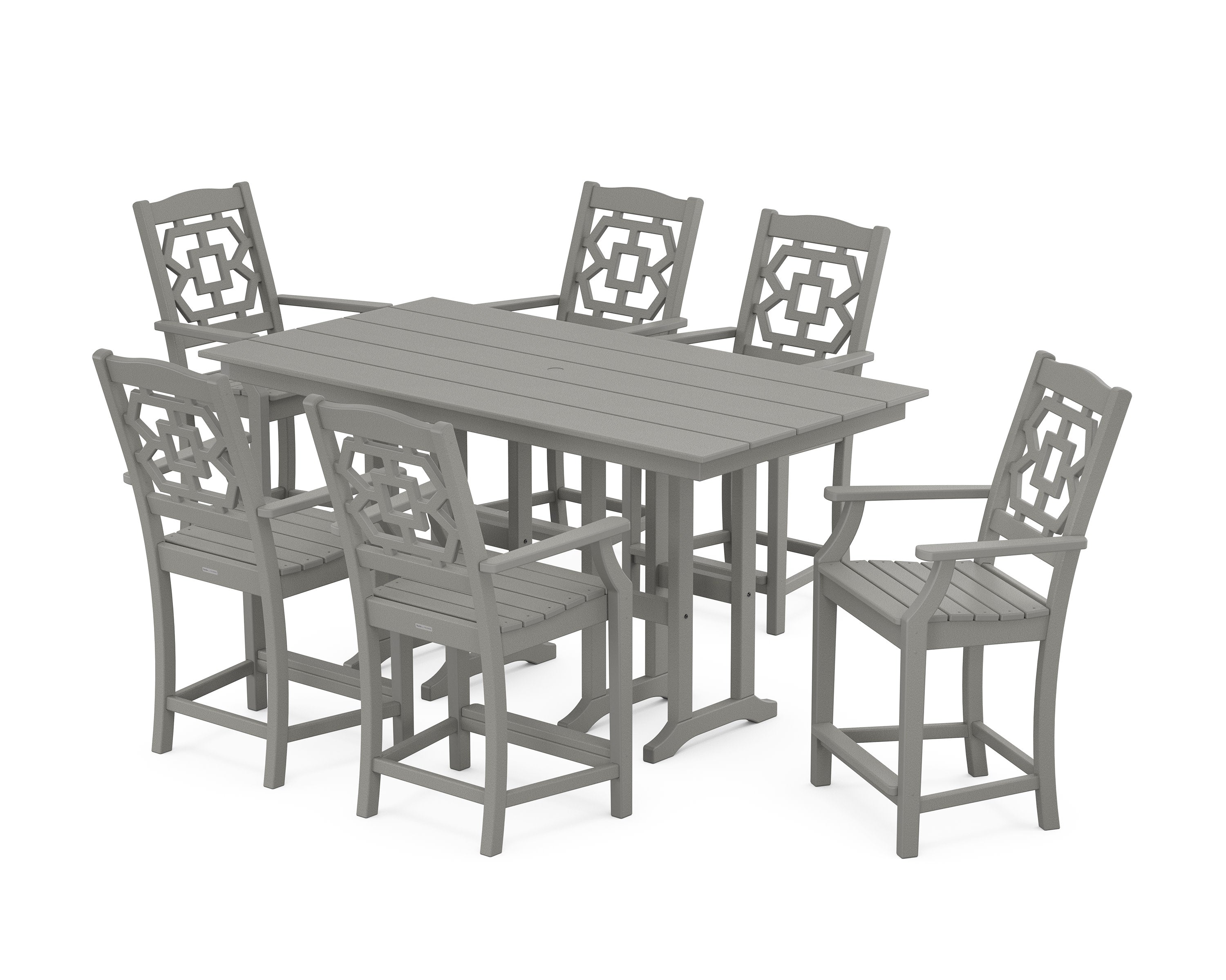 Chinoiserie Arm Chair 7-Piece Farmhouse Counter Set in Slate Grey
