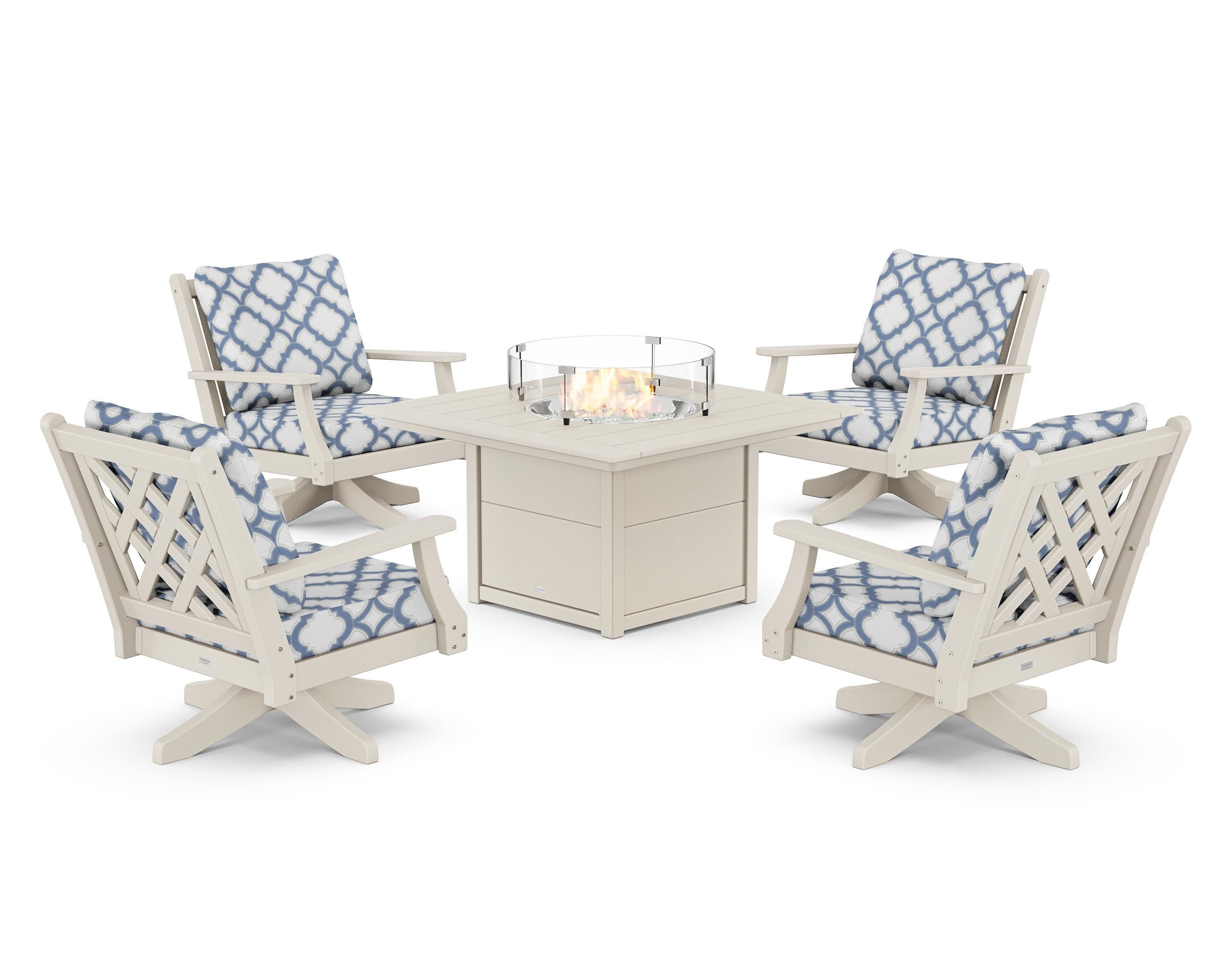 Wovendale 5-Piece Deep Seating Swivel Conversation Set with Fire Pit Table in Sand / Trellis Sky Blue
