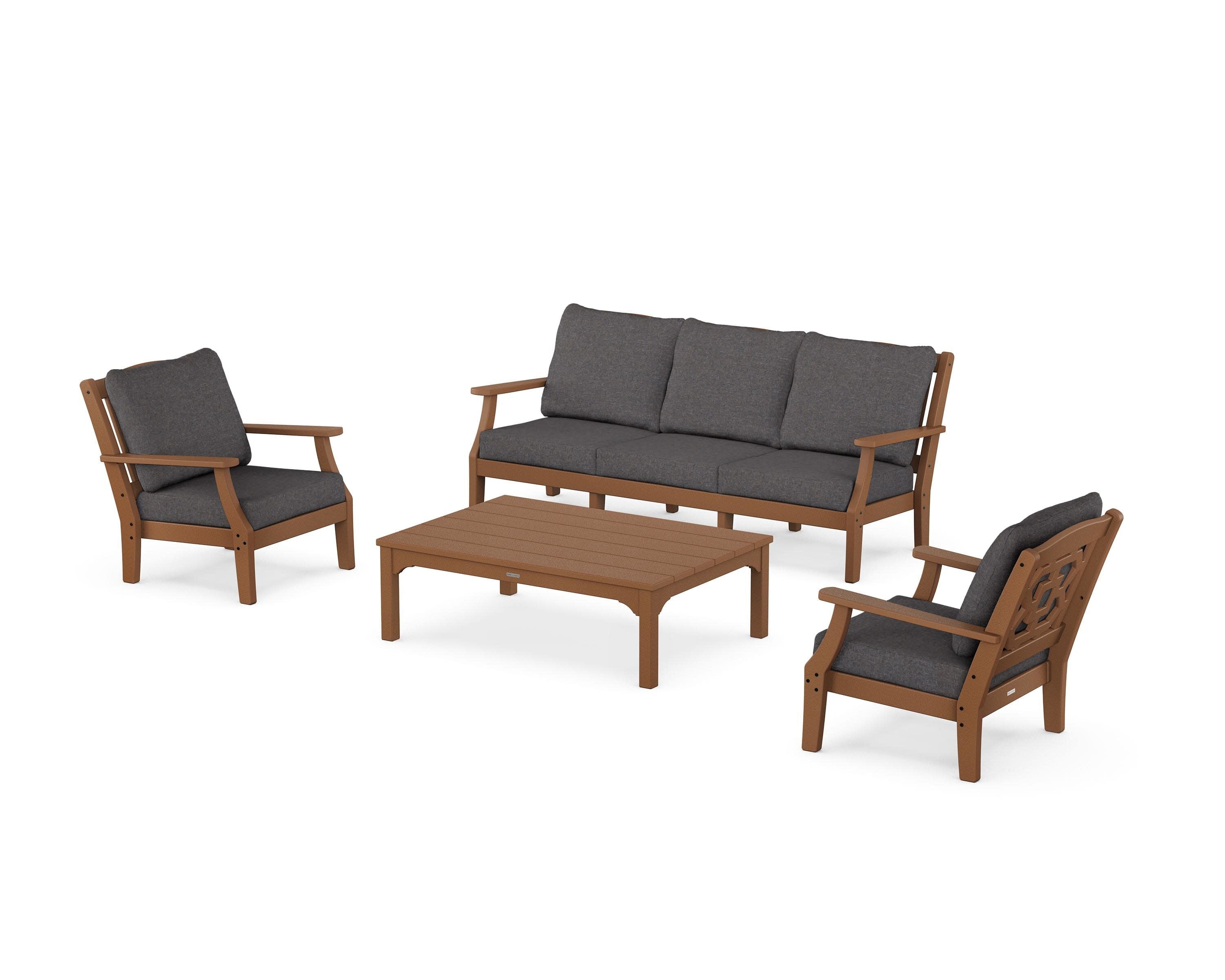 Chinoiserie 4-Piece Deep Seating Set with Sofa in Teak / Ash Charcoal