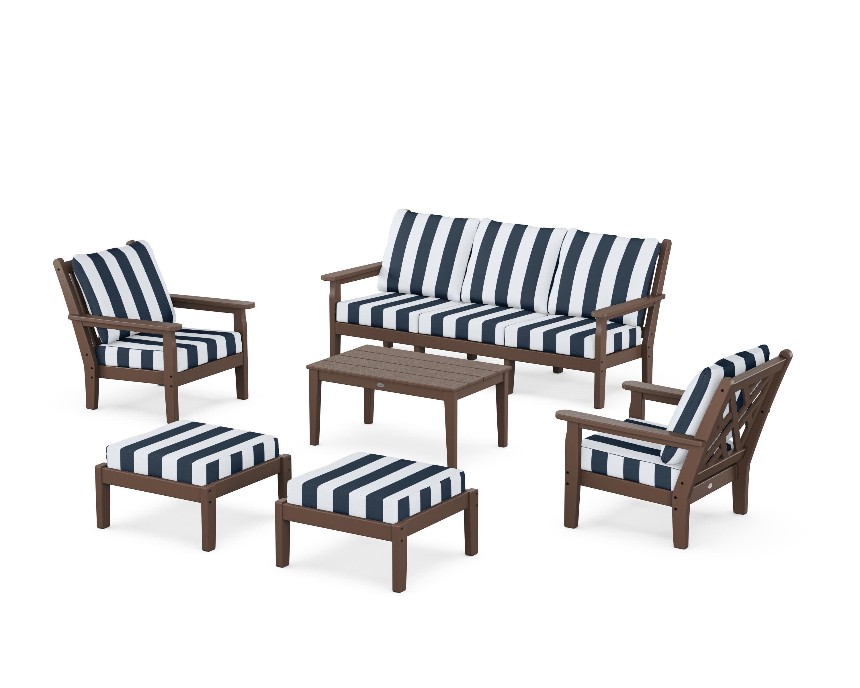 Chippendale 6-Piece Lounge Sofa Set in Mahogany / Cabana Stripe Marine Indigo