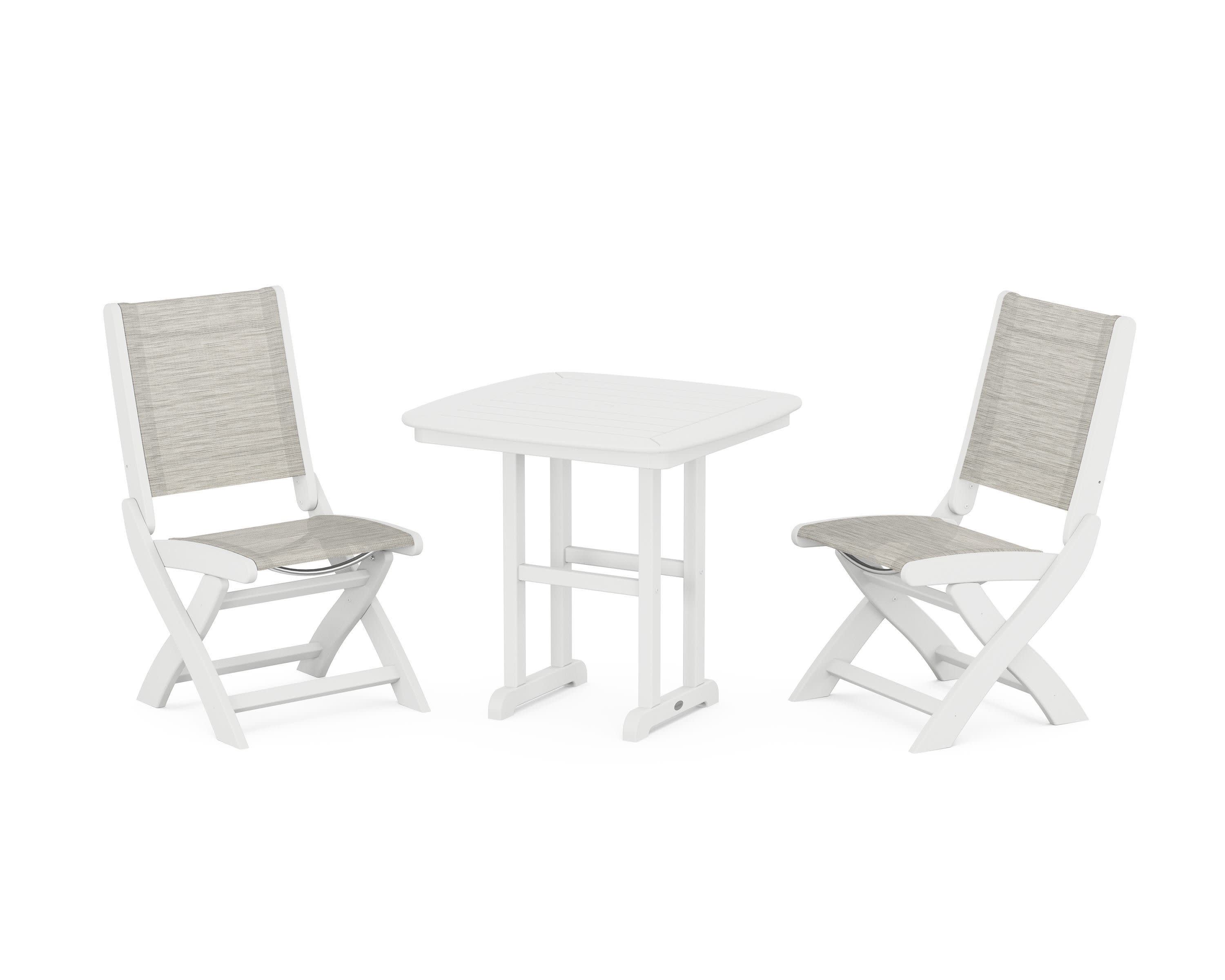 Coastal Folding Side Chair 3-Piece Dining Set in White / Birch Sling