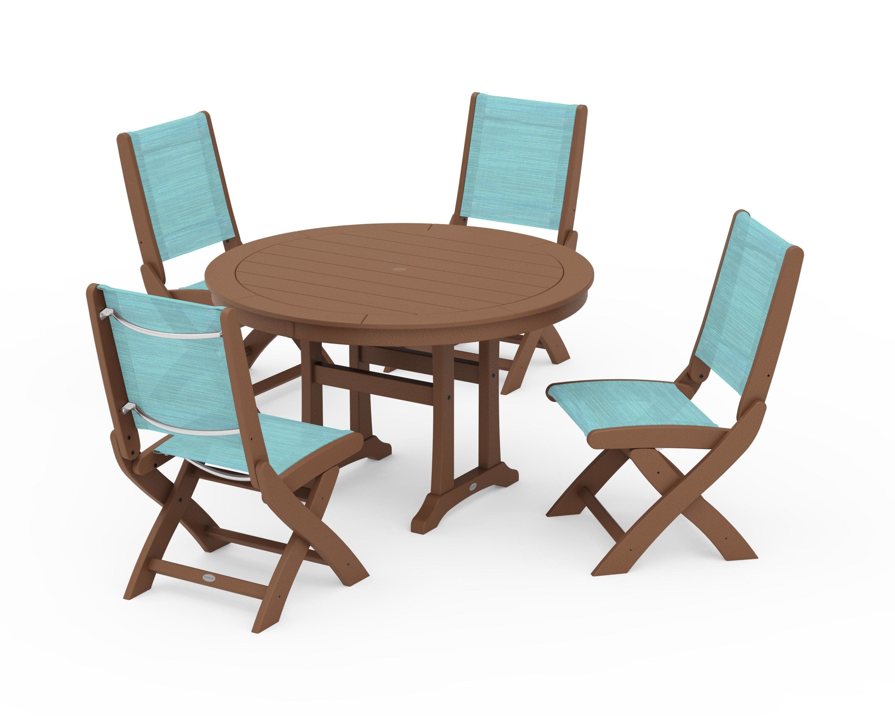 Coastal Folding Side Chair 5-Piece Round Dining Set With Trestle Legs in Teak / Dupioni Aquamarine Sling