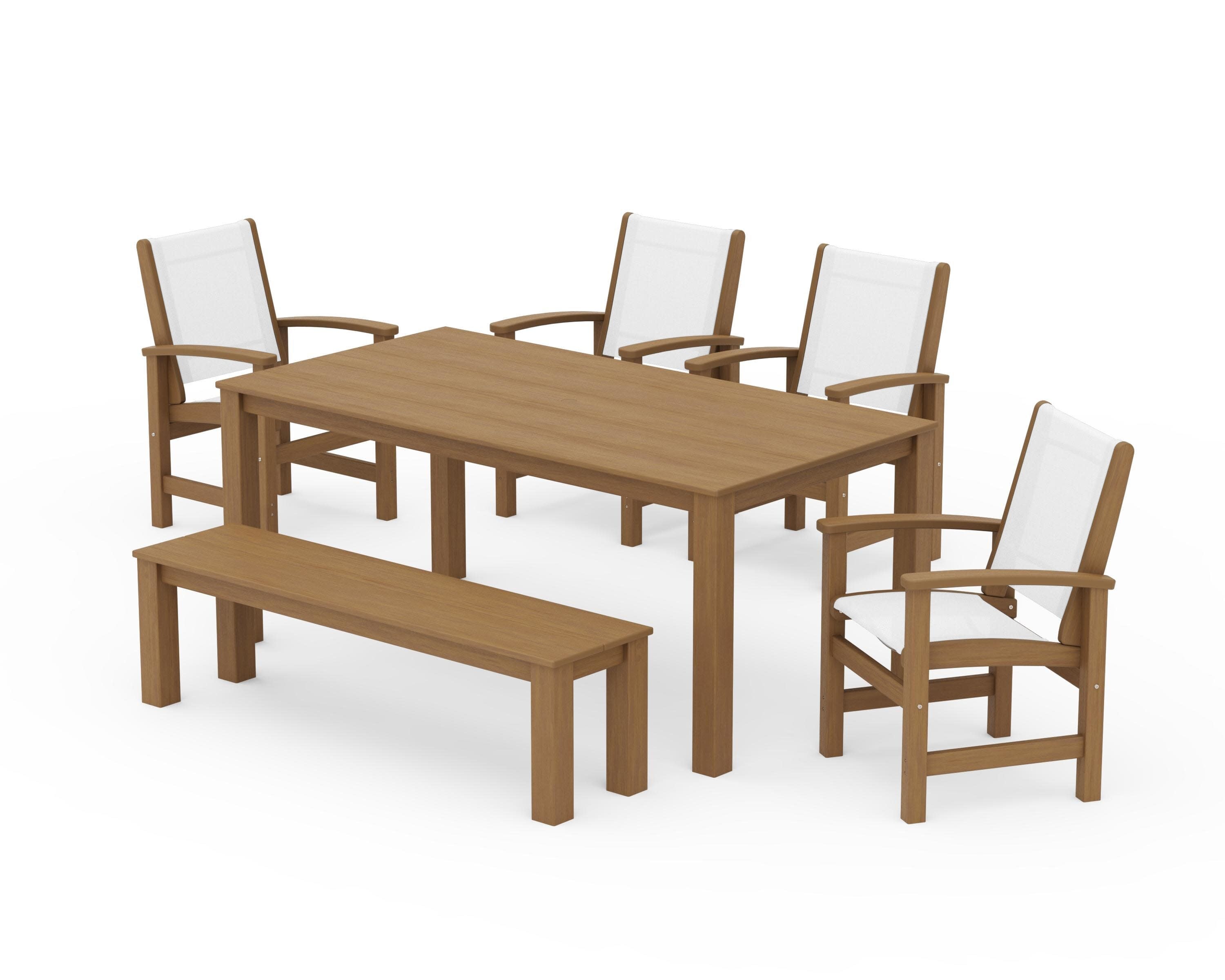 Coastal 6-Piece Parsons Dining Set with Bench in Natural / White Sling