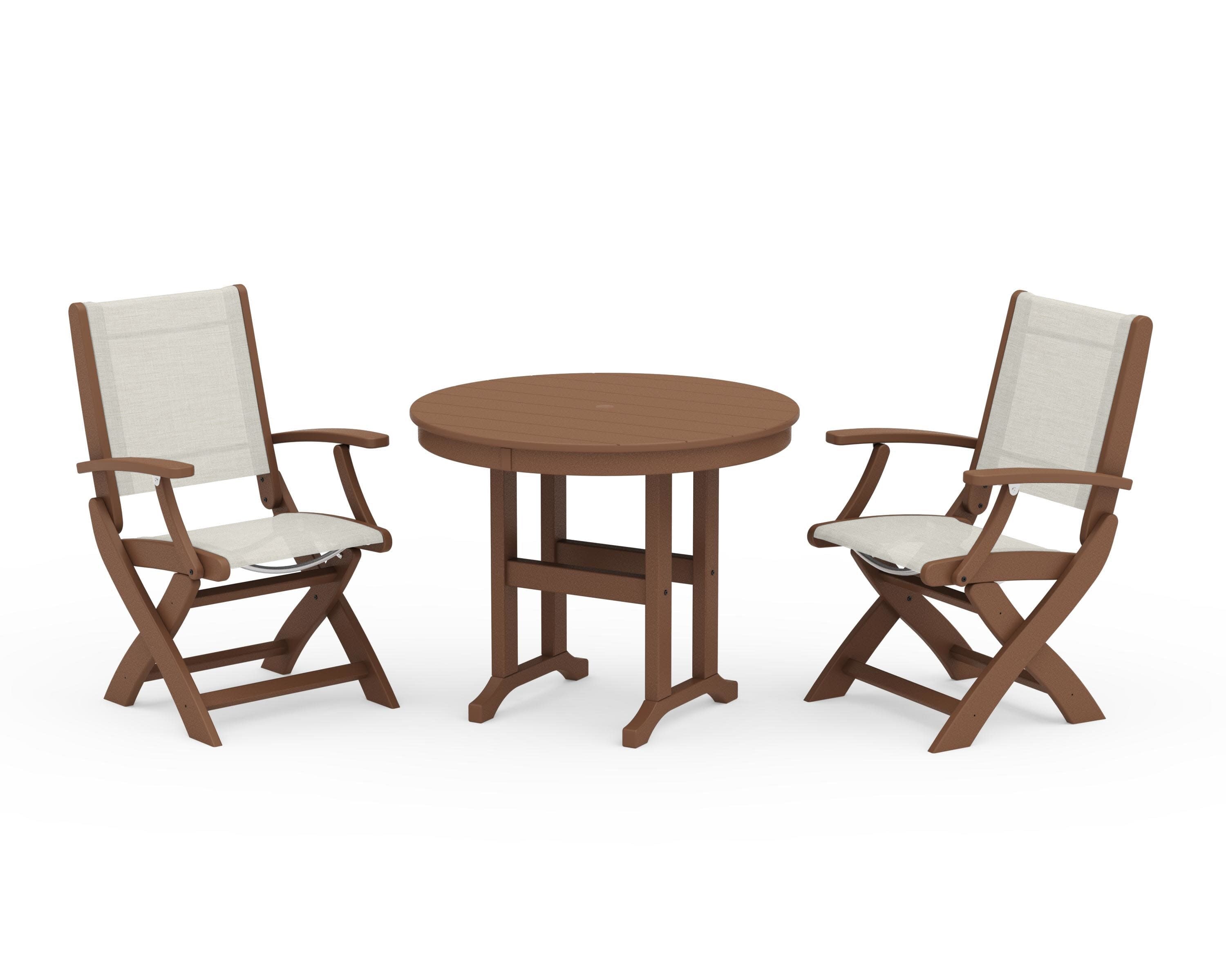 Coastal Folding Chair 3-Piece Round Dining Set in Teak / Parchment Sling