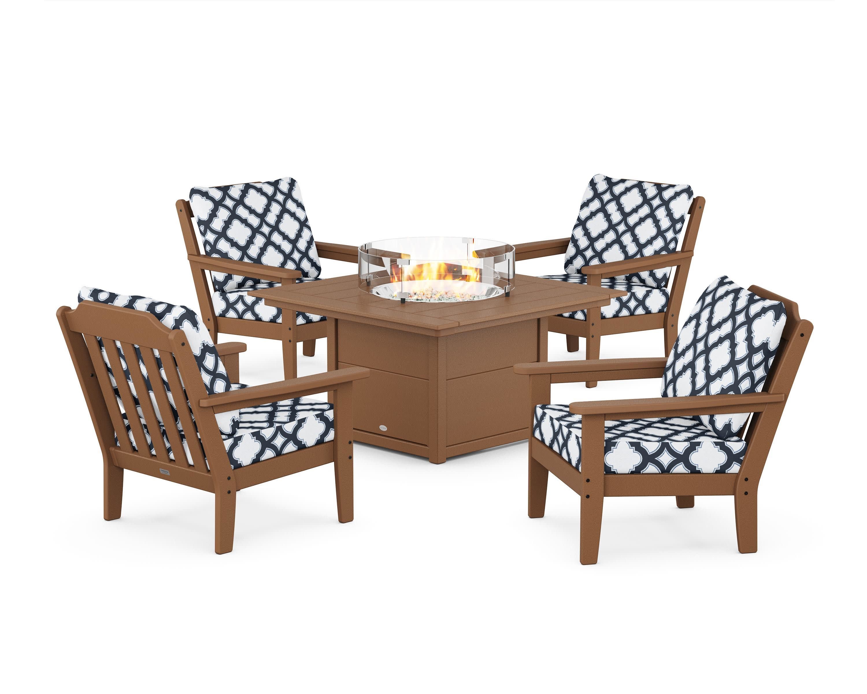 Cottage 5-Piece Deep Seating Set with Fire Pit Table in Teak / Trellis Marine Indigo