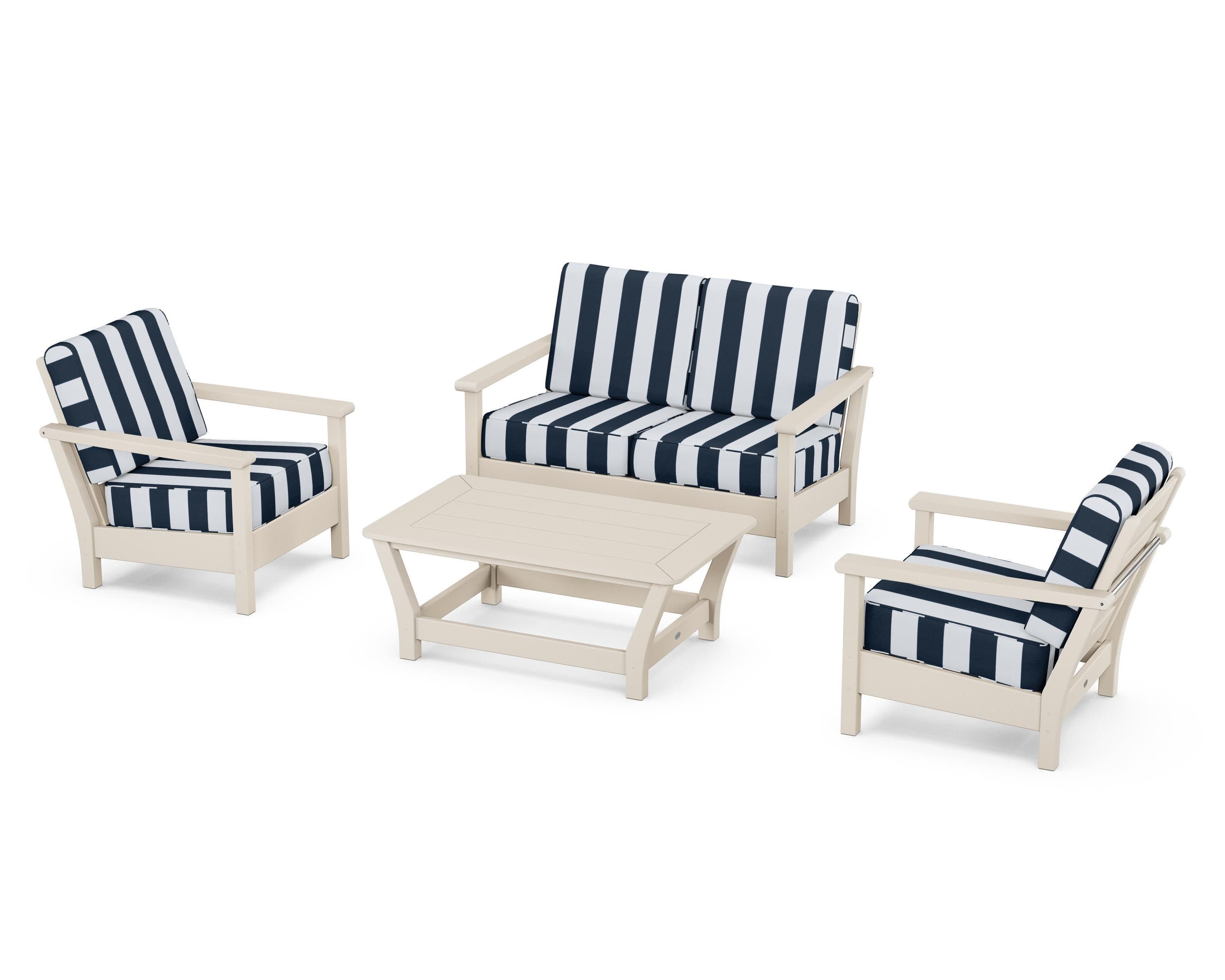 Harbour 4-Piece Deep Seating Set in Sand / Cabana Stripe Marine Indigo