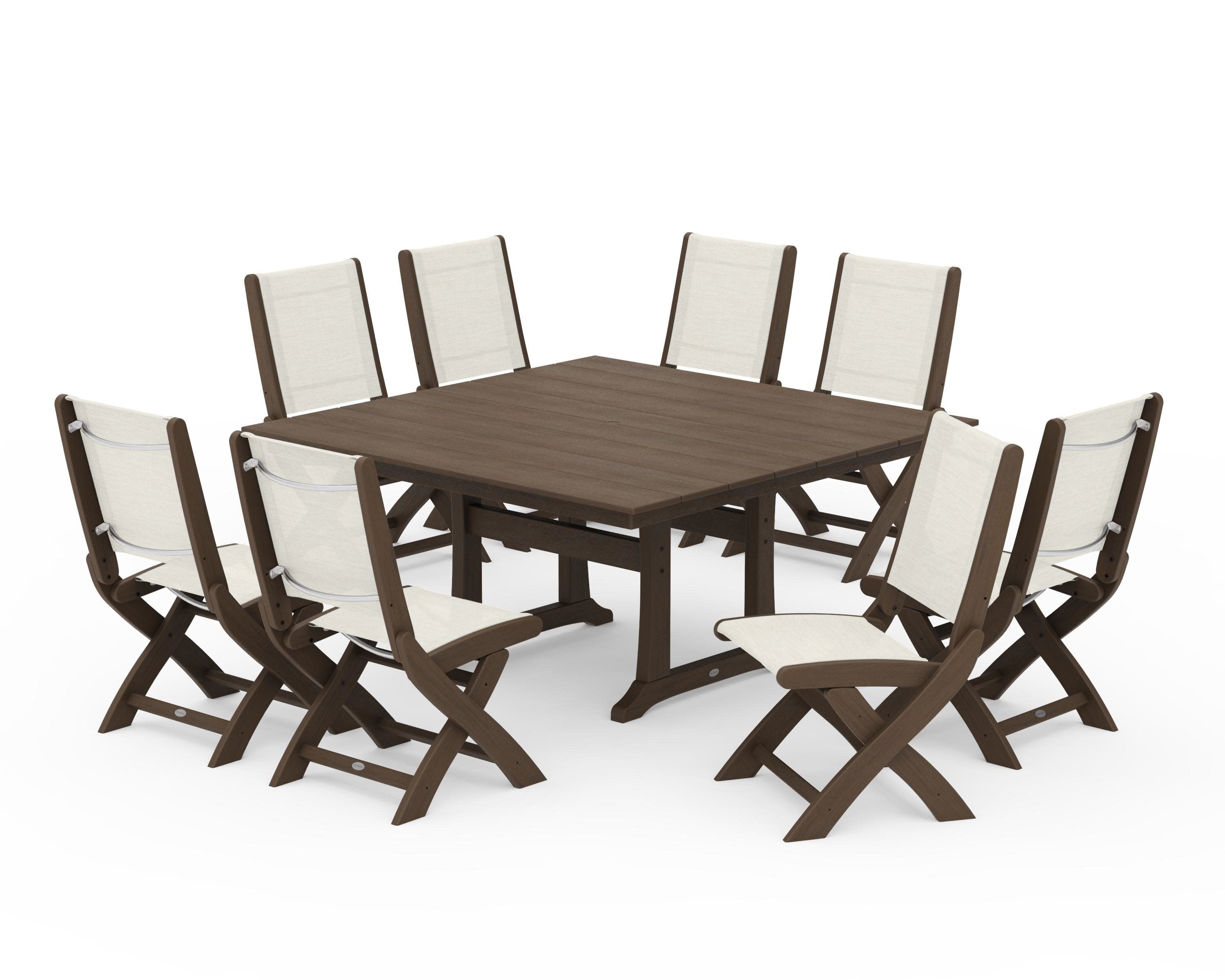 Coastal Folding Side Chair 9-Piece Farmhouse Dining Set in Kona / Parchment Sling