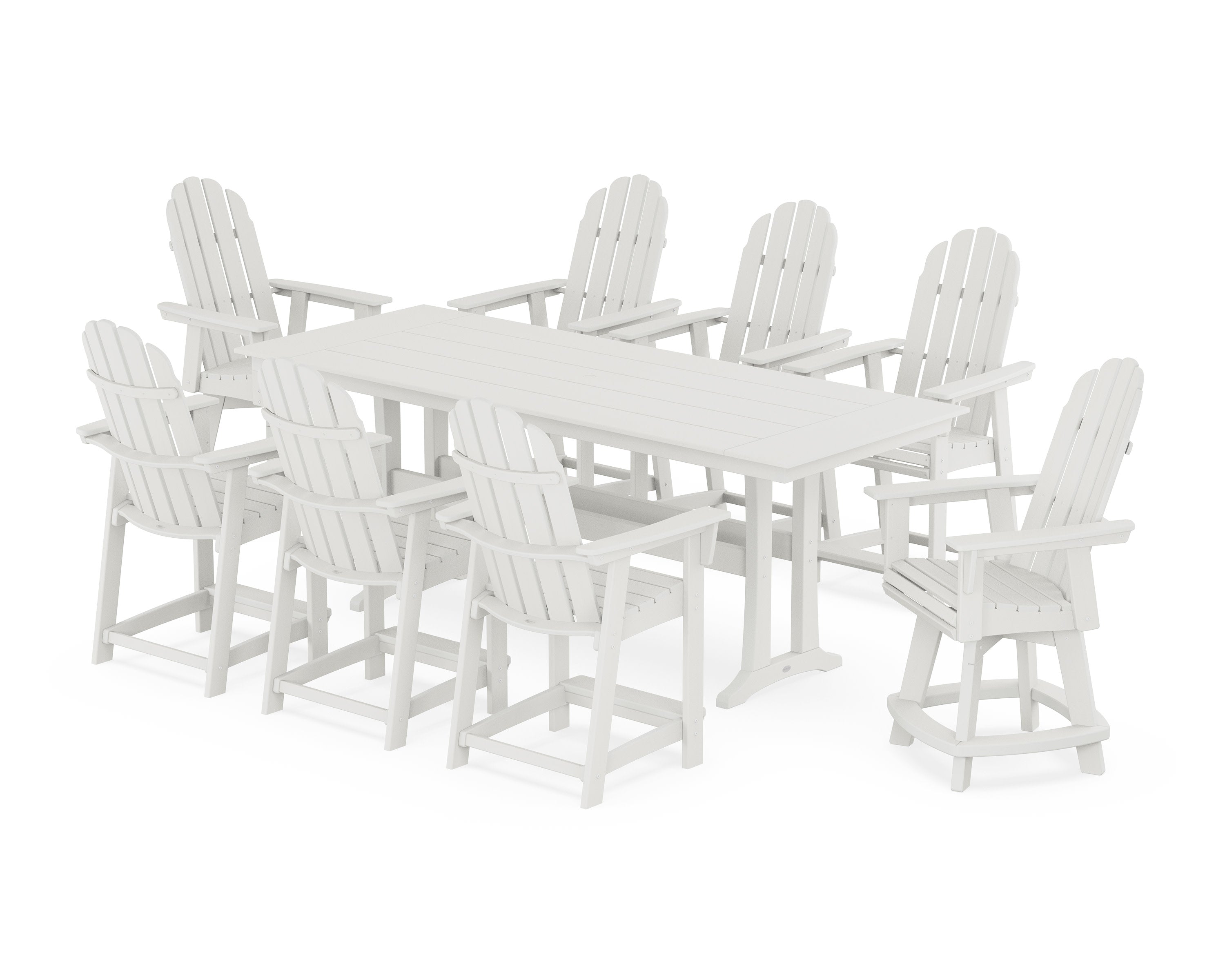 Vineyard Curveback Adirondack Swivel 9-Piece Farmhouse Counter Set with Trestle Legs in Vintage White