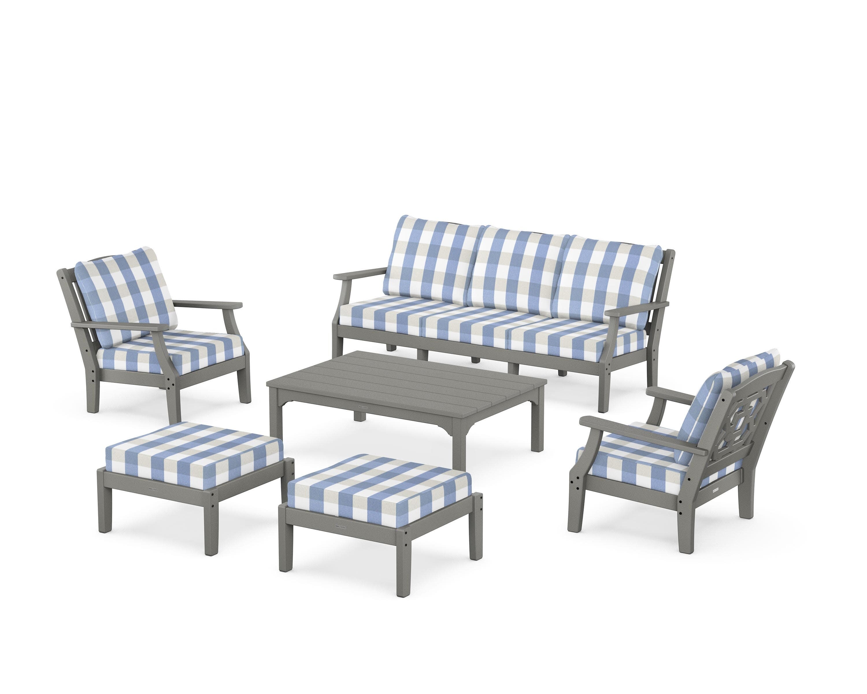 Chinoiserie 6-Piece Lounge Sofa Set in Slate Grey / Buffalo Plaid Sky Blue