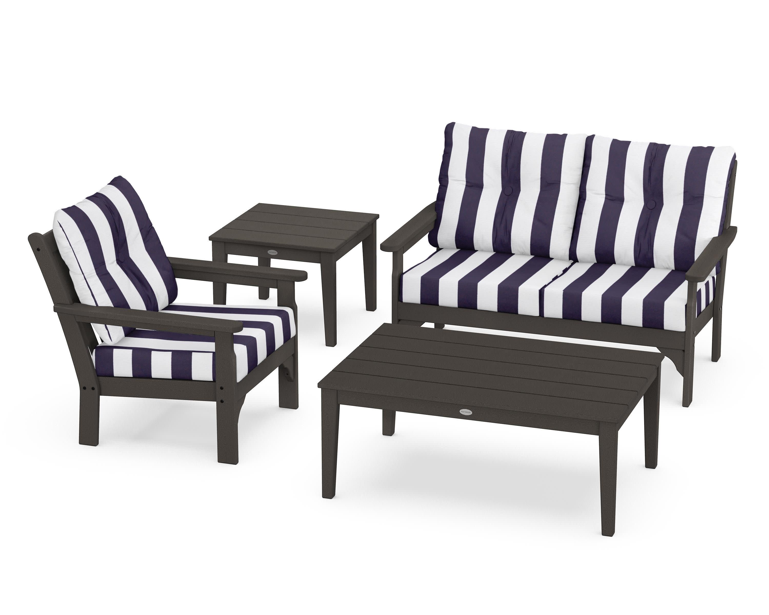 Vineyard 4-Piece Deep Seating Set in Vintage Coffee / Cabana Stripe Navy