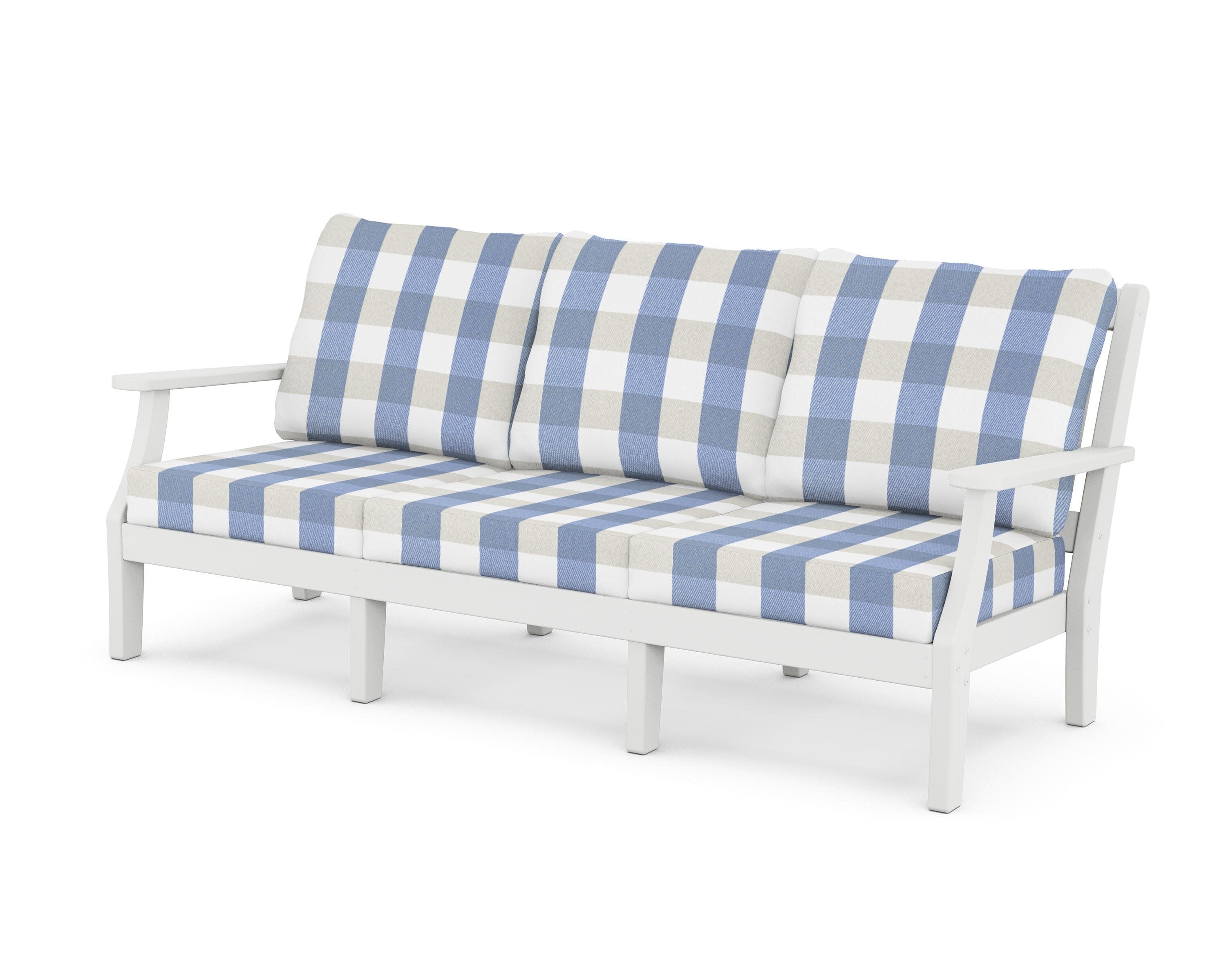 Chinoiserie Deep Seating Sofa in White / Buffalo Plaid Sky Blue