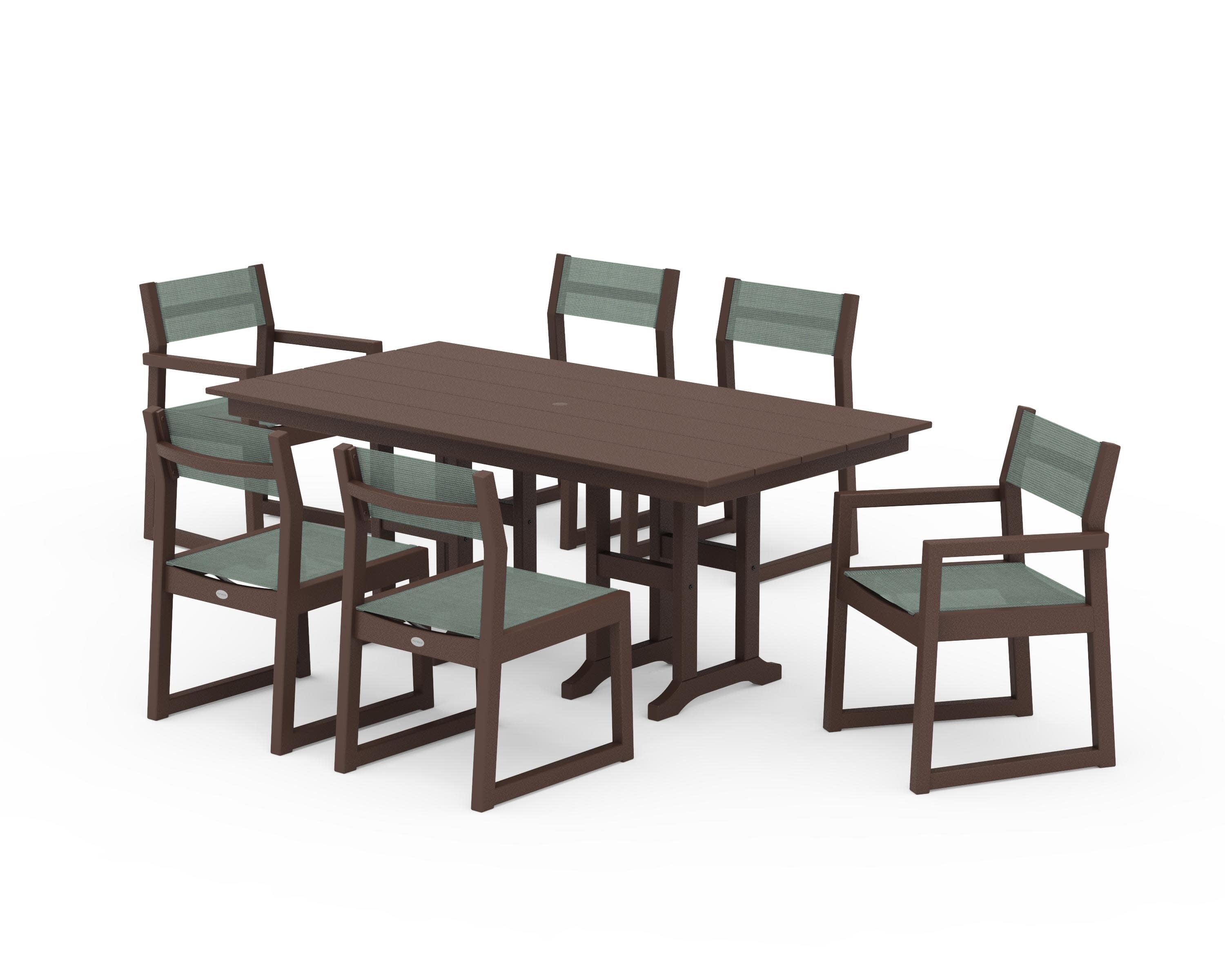 EDGE Sling 7-Piece Farmhouse Dining Set in Mahogany / Dupioni Sea Mist Sling