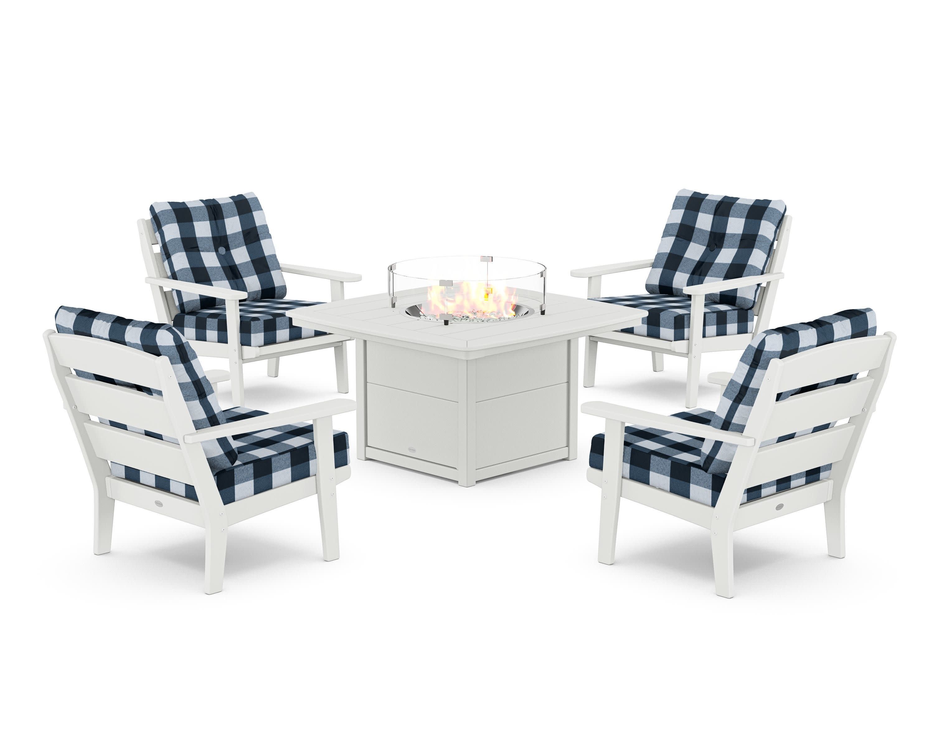 Lakeside 5-Piece Deep Seating Set with Nautical Fire Pit Table in White / Buffalo Plaid Marine Indigo