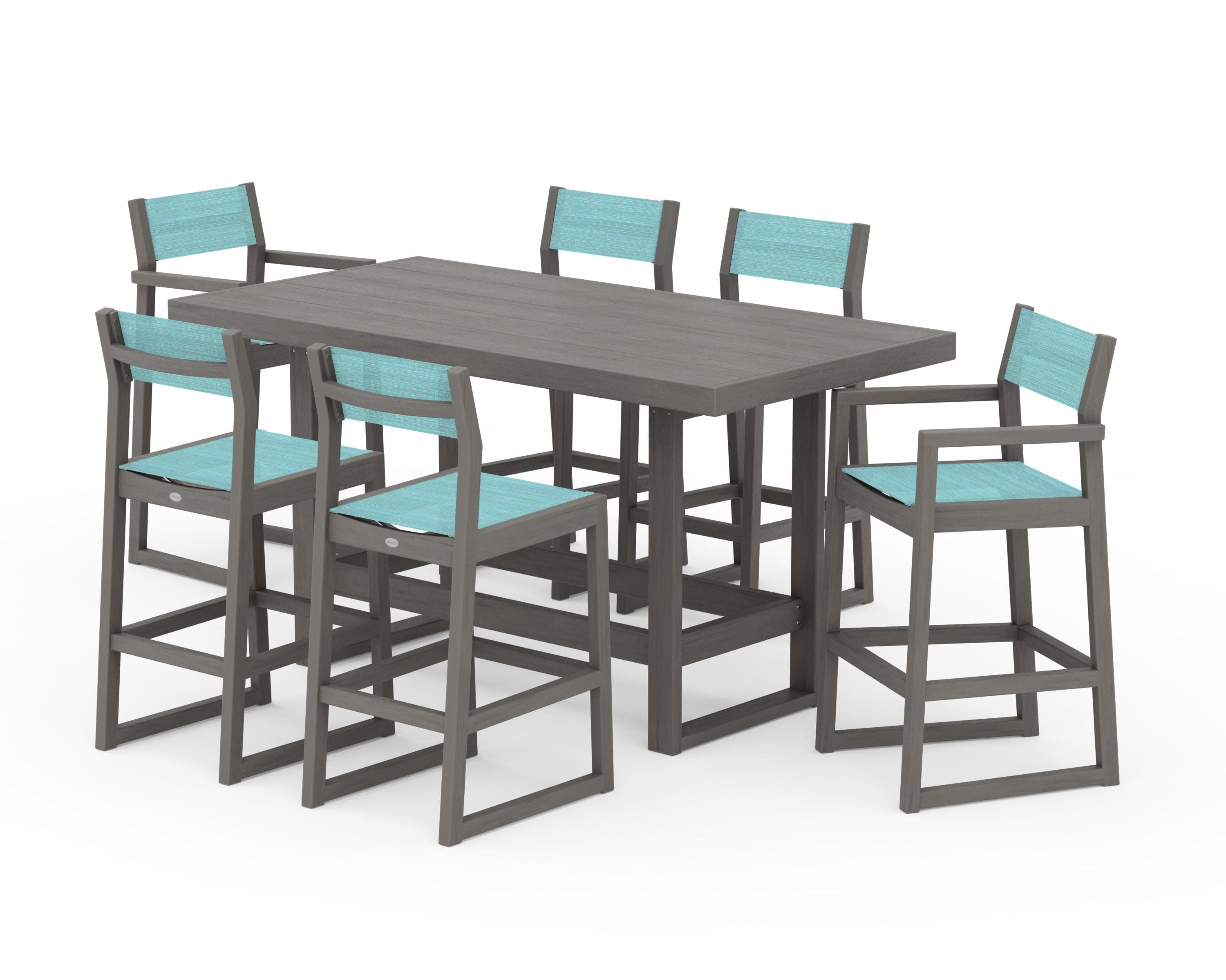 EDGE Sling 7-Piece Bar Table Set in Driftwood / Dupioni Aquamarine Sling