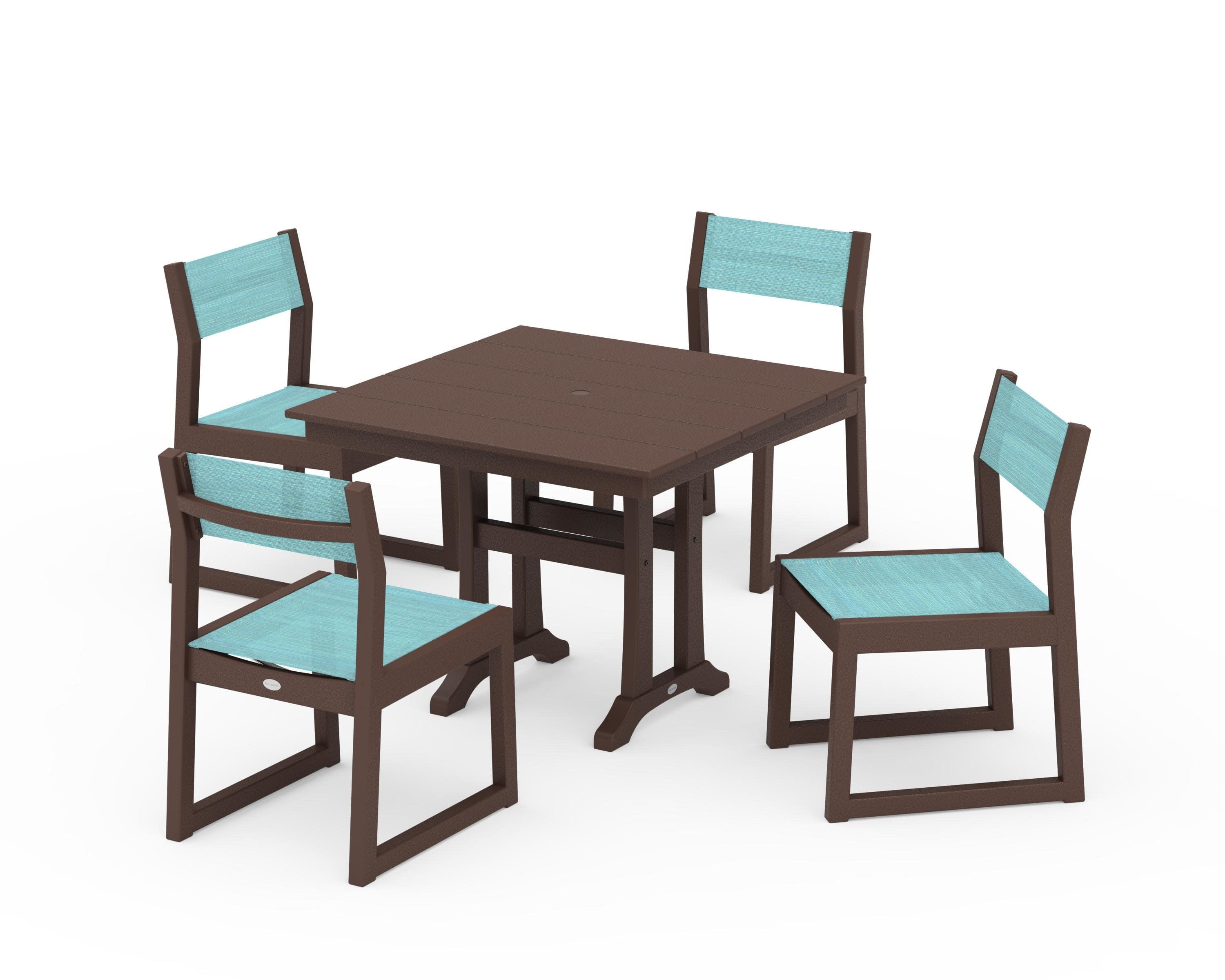 EDGE Sling 5-Piece Farmhouse Trestle Side Chair Dining Set in Mahogany / Dupioni Aquamarine Sling