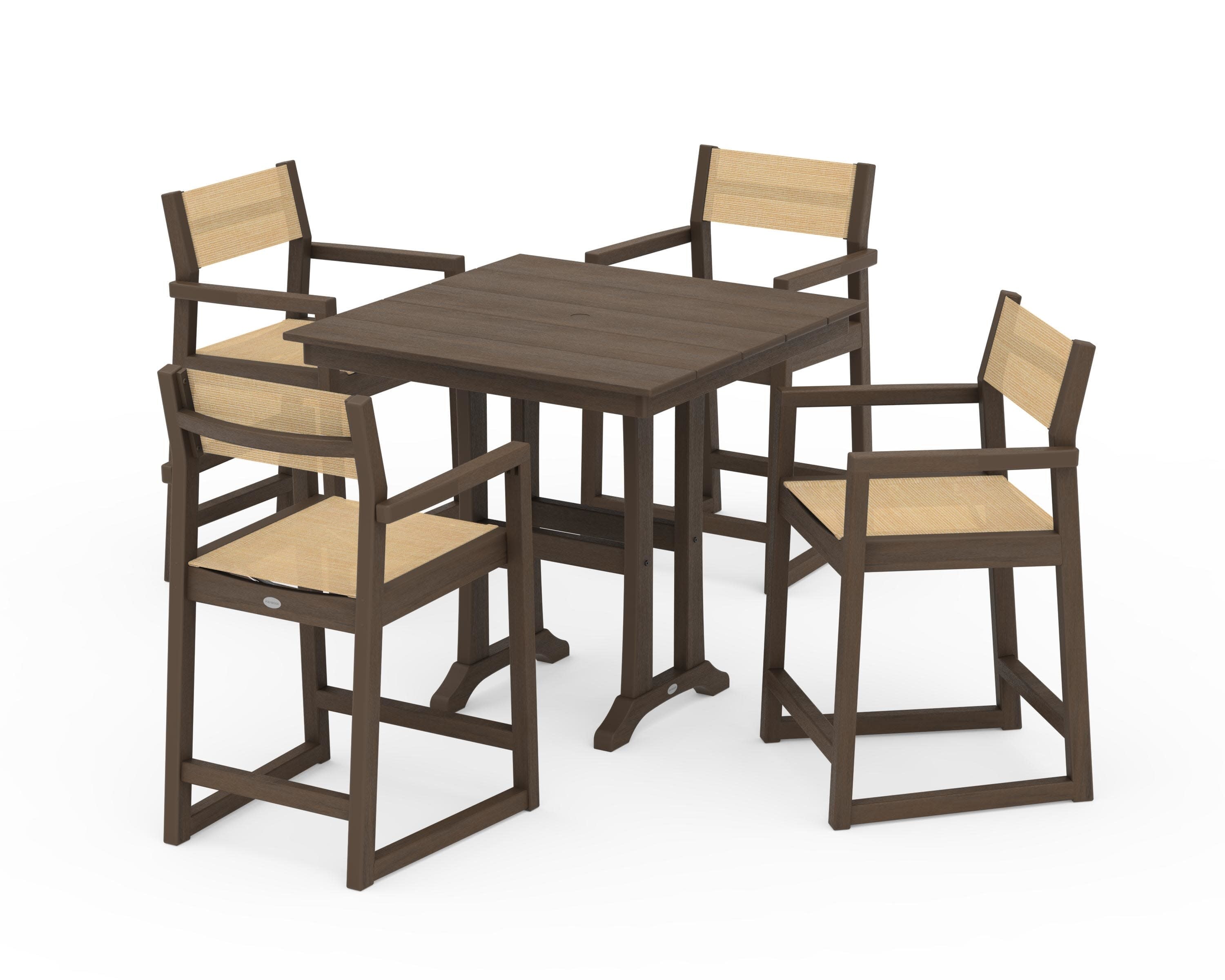 EDGE Sling Arm Chair 5-Piece Farmhouse Counter Set with Trestle Legs in Kona / Dupioni Apricot Sling