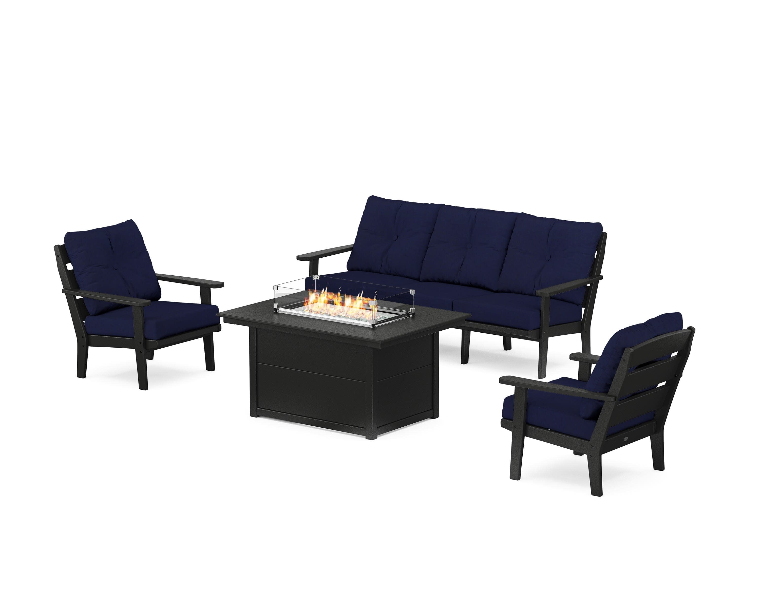 Lakeside Deep Seating Fire Pit Table Set in Black / Navy