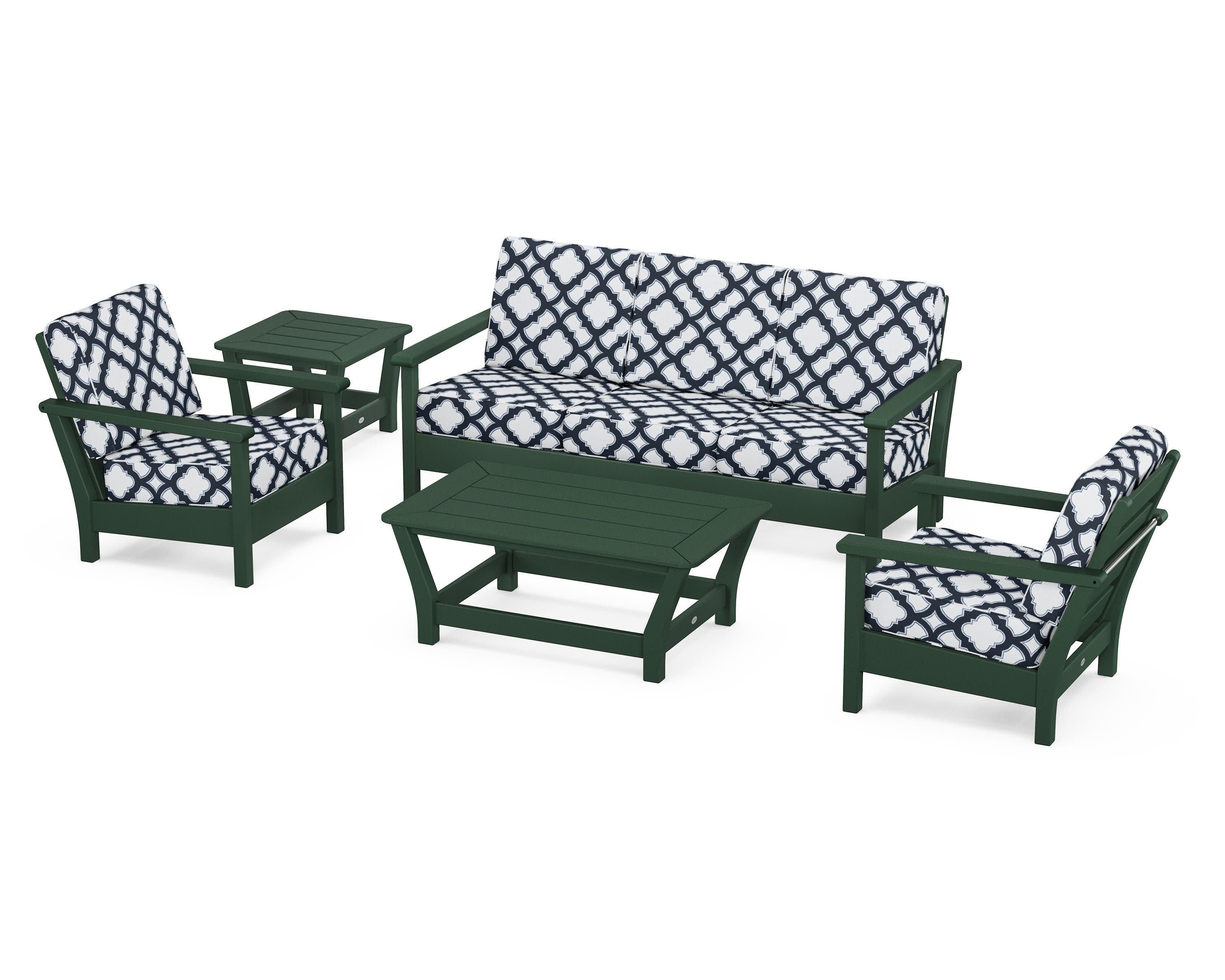 Harbour 5-Piece Deep Seating Set in Green / Trellis Marine Indigo