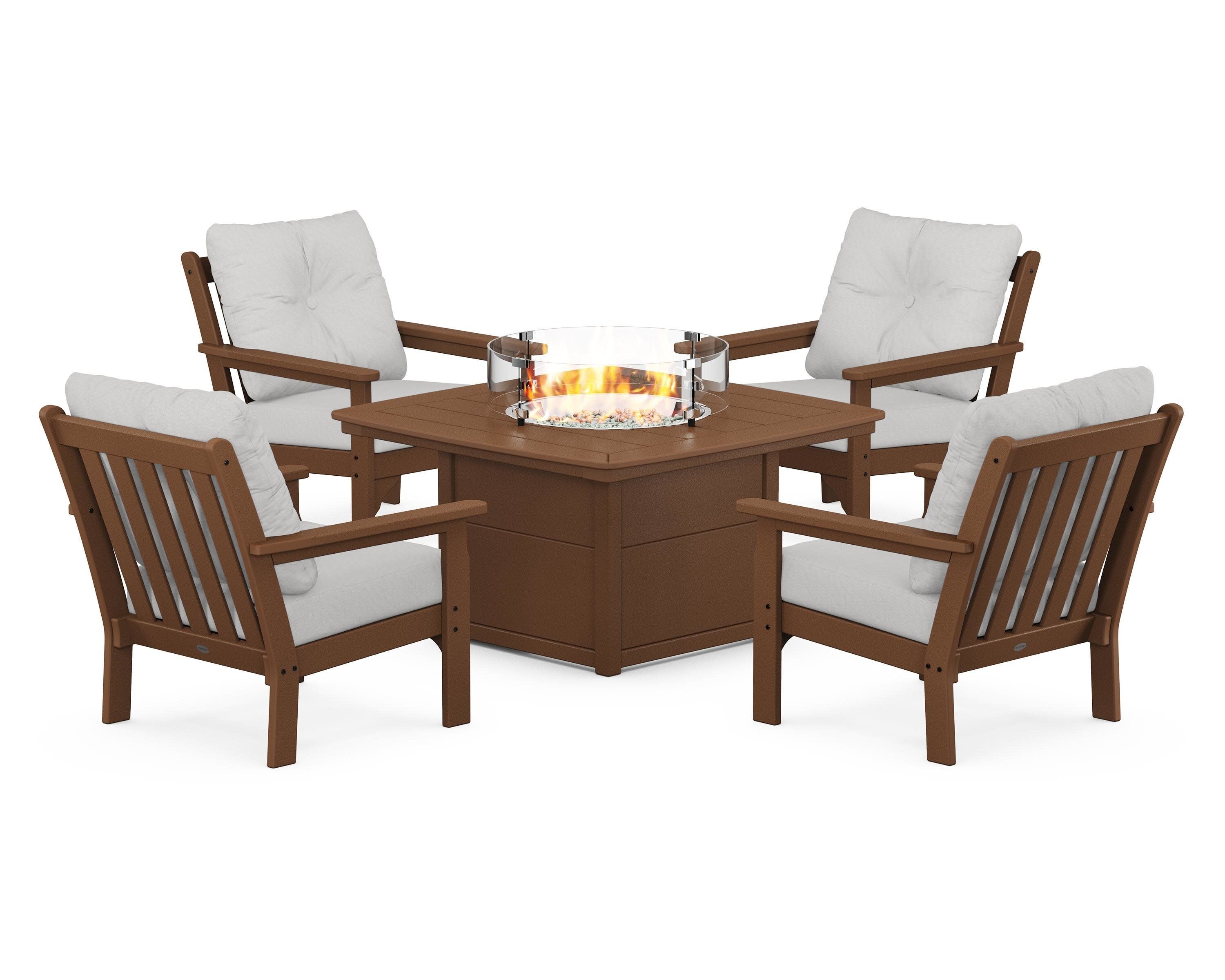 Vineyard 5-Piece Conversation Set with Fire Pit Table in Teak / Diamond in the Rough