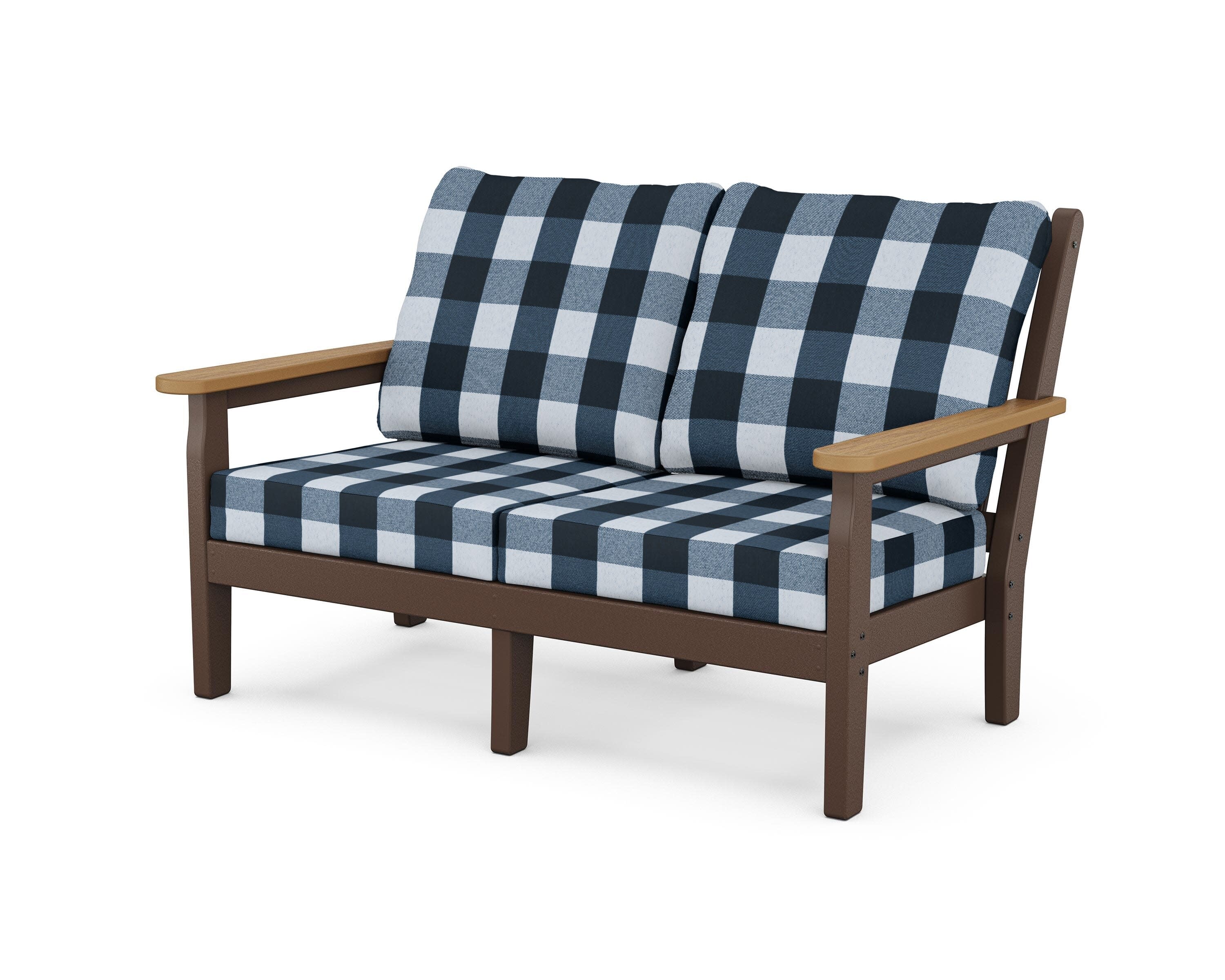 Chippendale Deep Seating Loveseat in Mahogany / Natural / Buffalo Plaid Marine Indigo