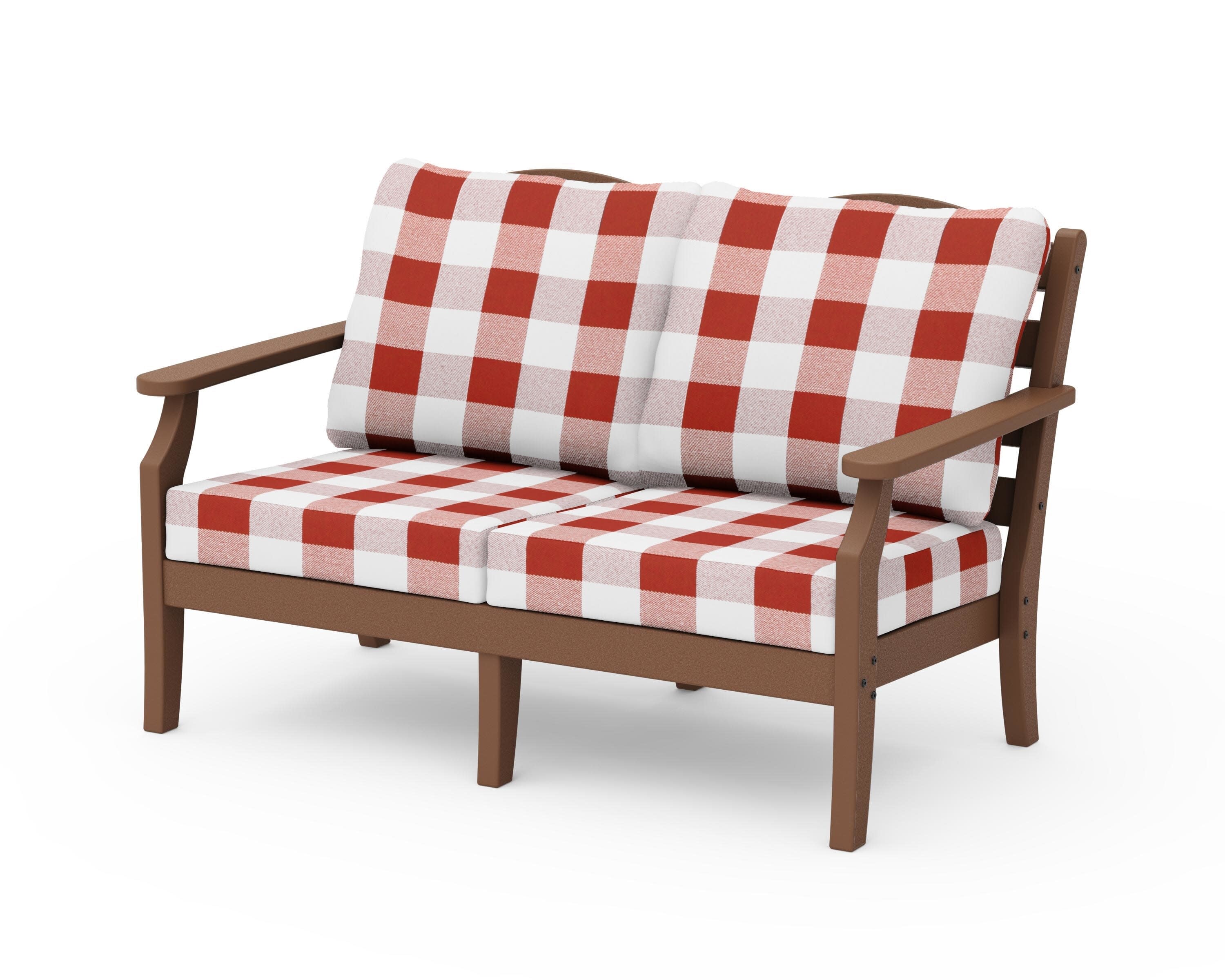 Savannah Deep Seating Loveseat in Teak / Buffalo Plaid Crimson