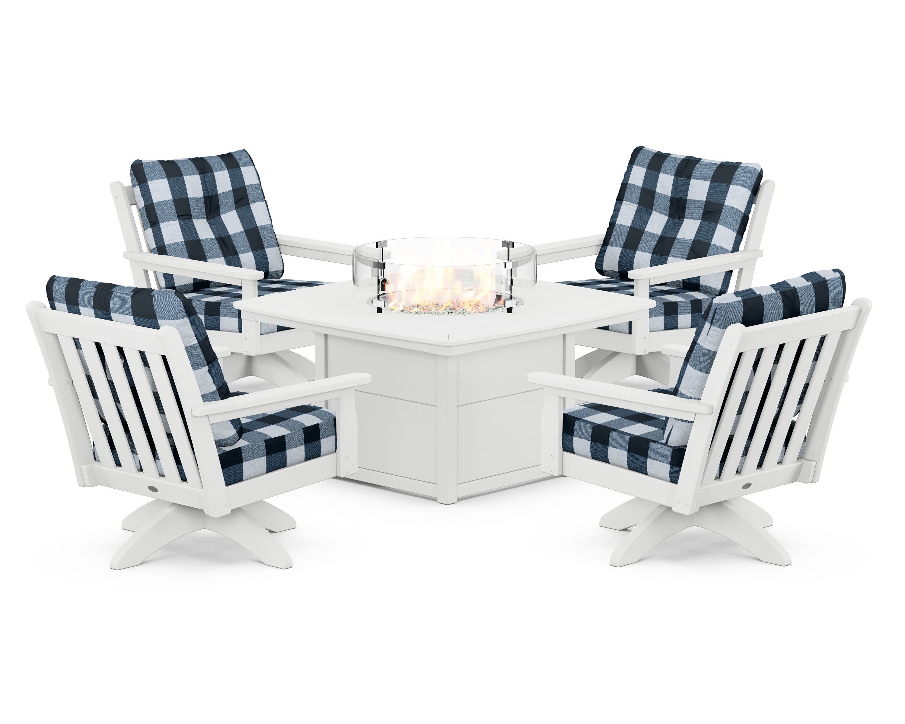 Vineyard 5-Piece Deep Seating Swivel Conversation Set with Fire Pit Table in White / Buffalo Plaid Marine Indigo