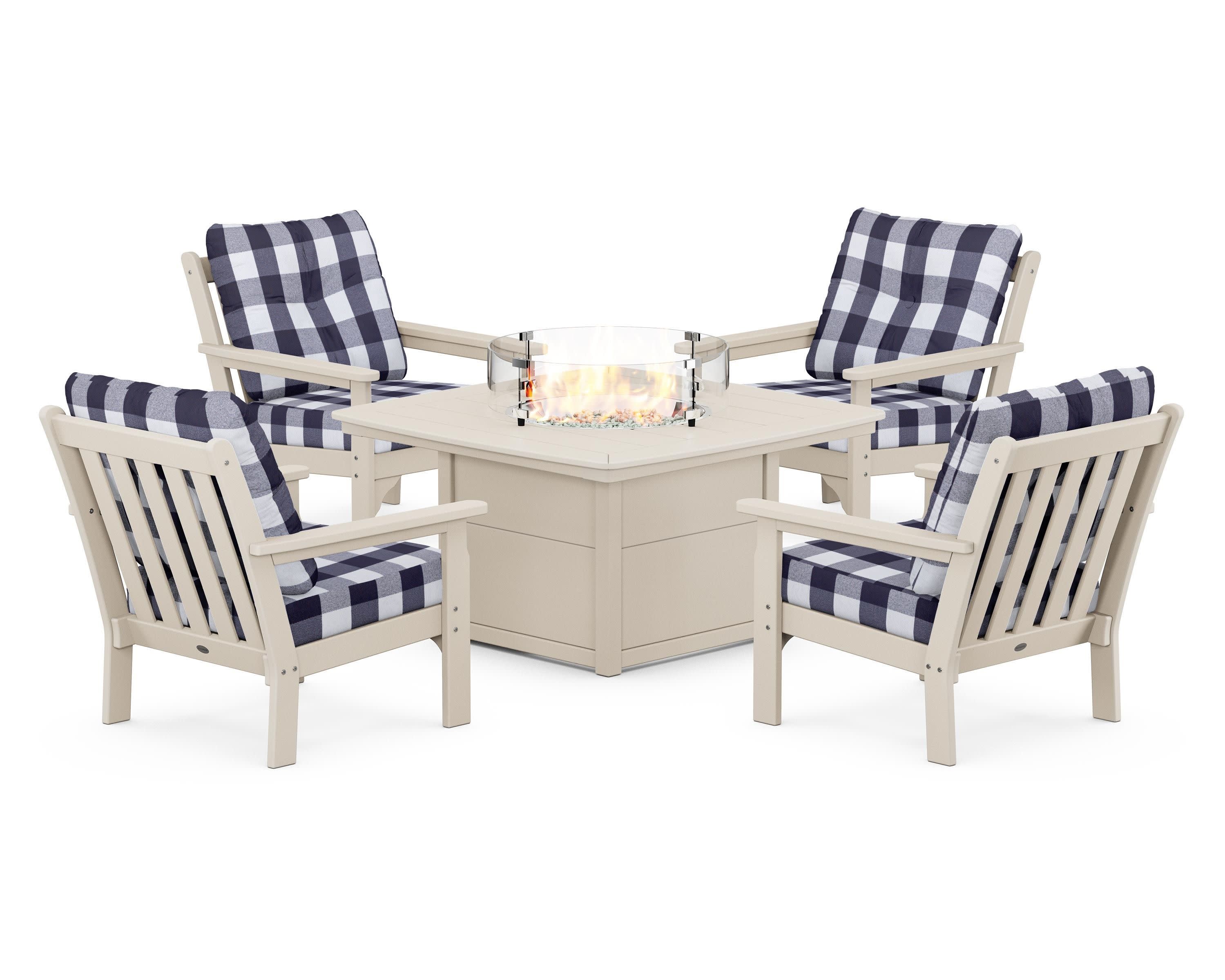 Vineyard 5-Piece Conversation Set with Fire Pit Table in Sand / Buffalo Plaid Navy